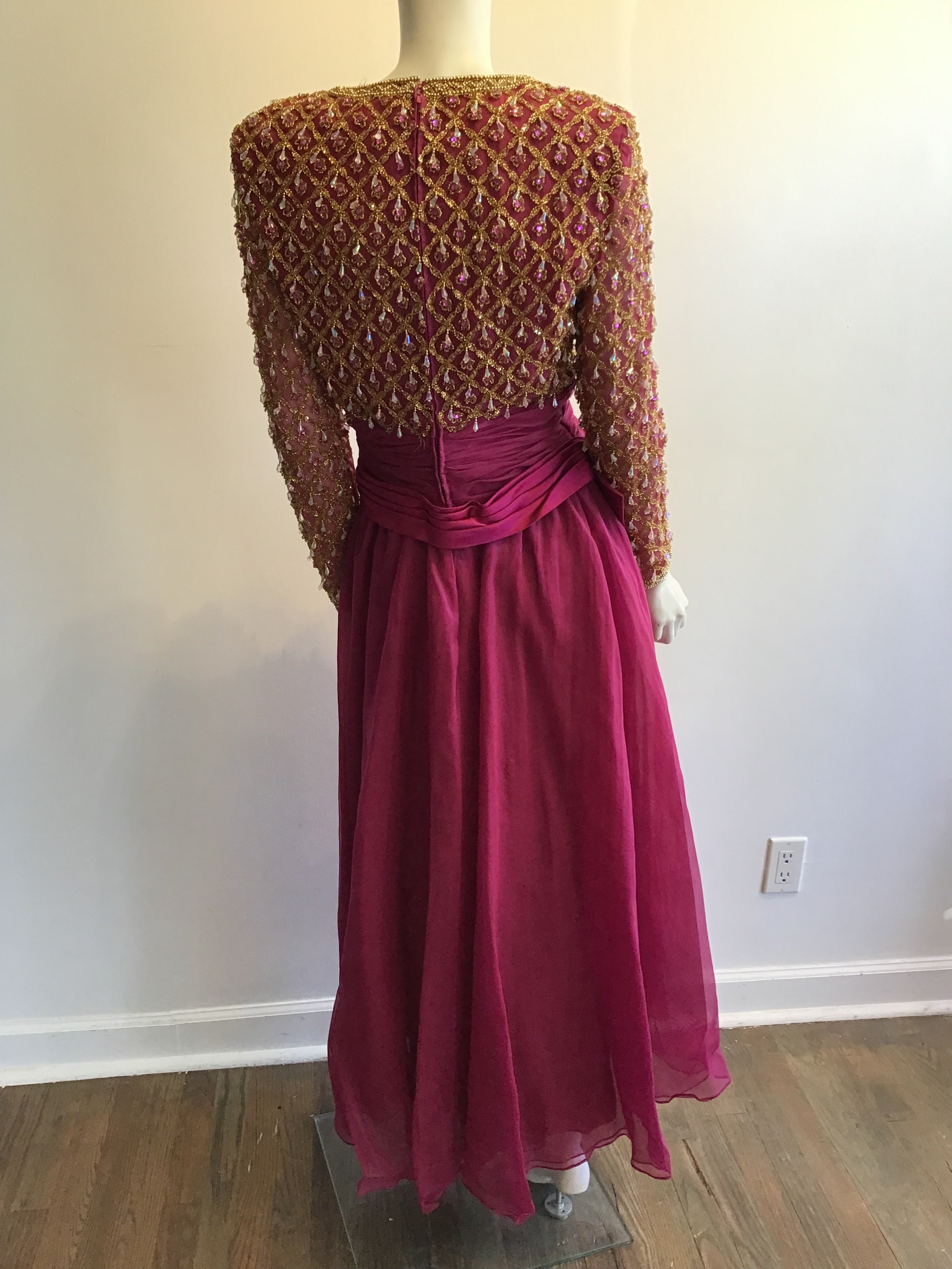 1980’s Cranberry Crepe Beaded Victoria Ltd of Hong Kong Evening Dress Size 8