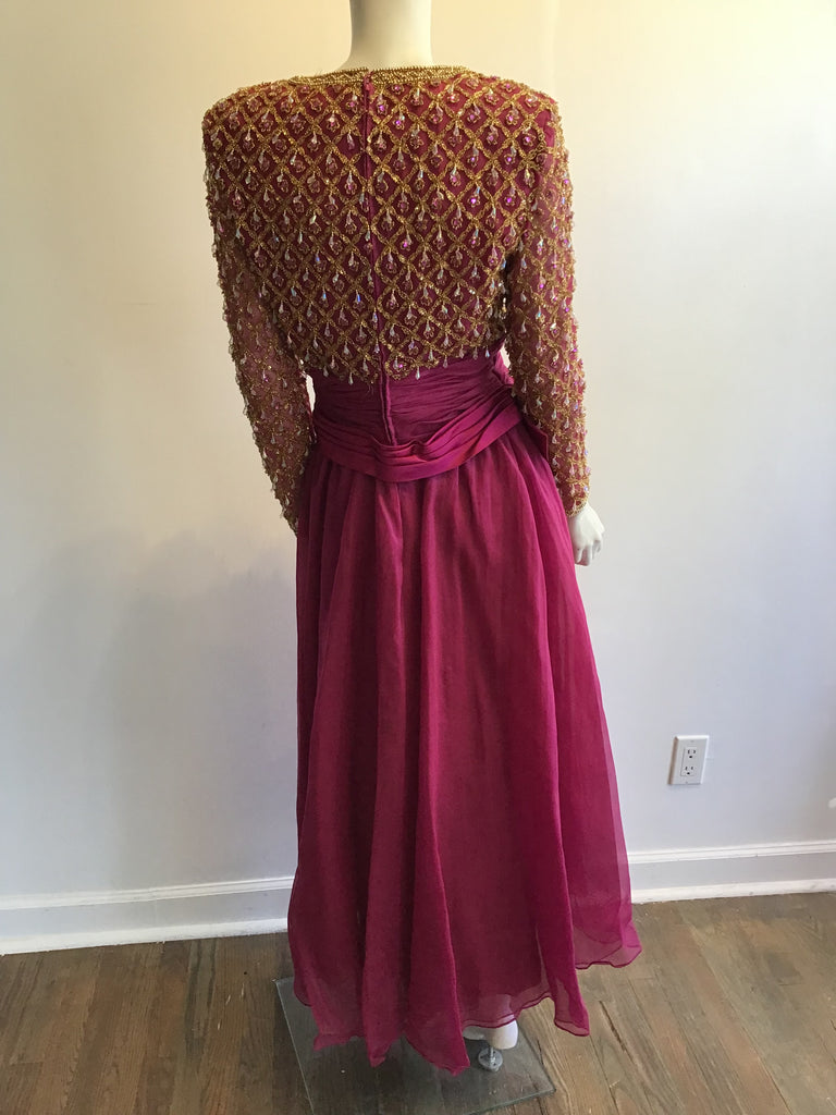 1980’s Cranberry Crepe Beaded Victoria Ltd of Hong Kong Evening Dress Size 8