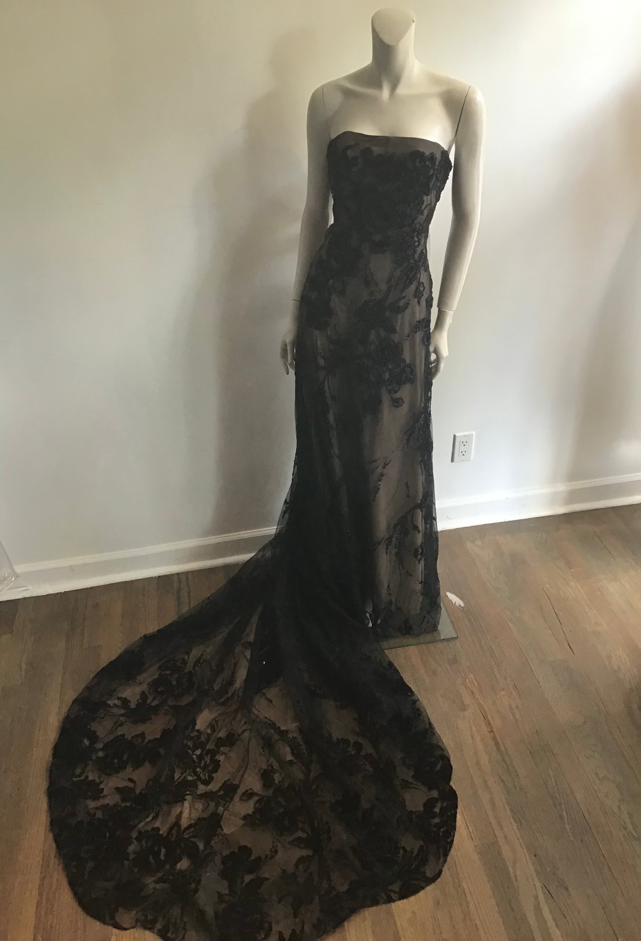 1990s Bagley Mischka Black/beige  Beaded Evening Gown with Train-10/12