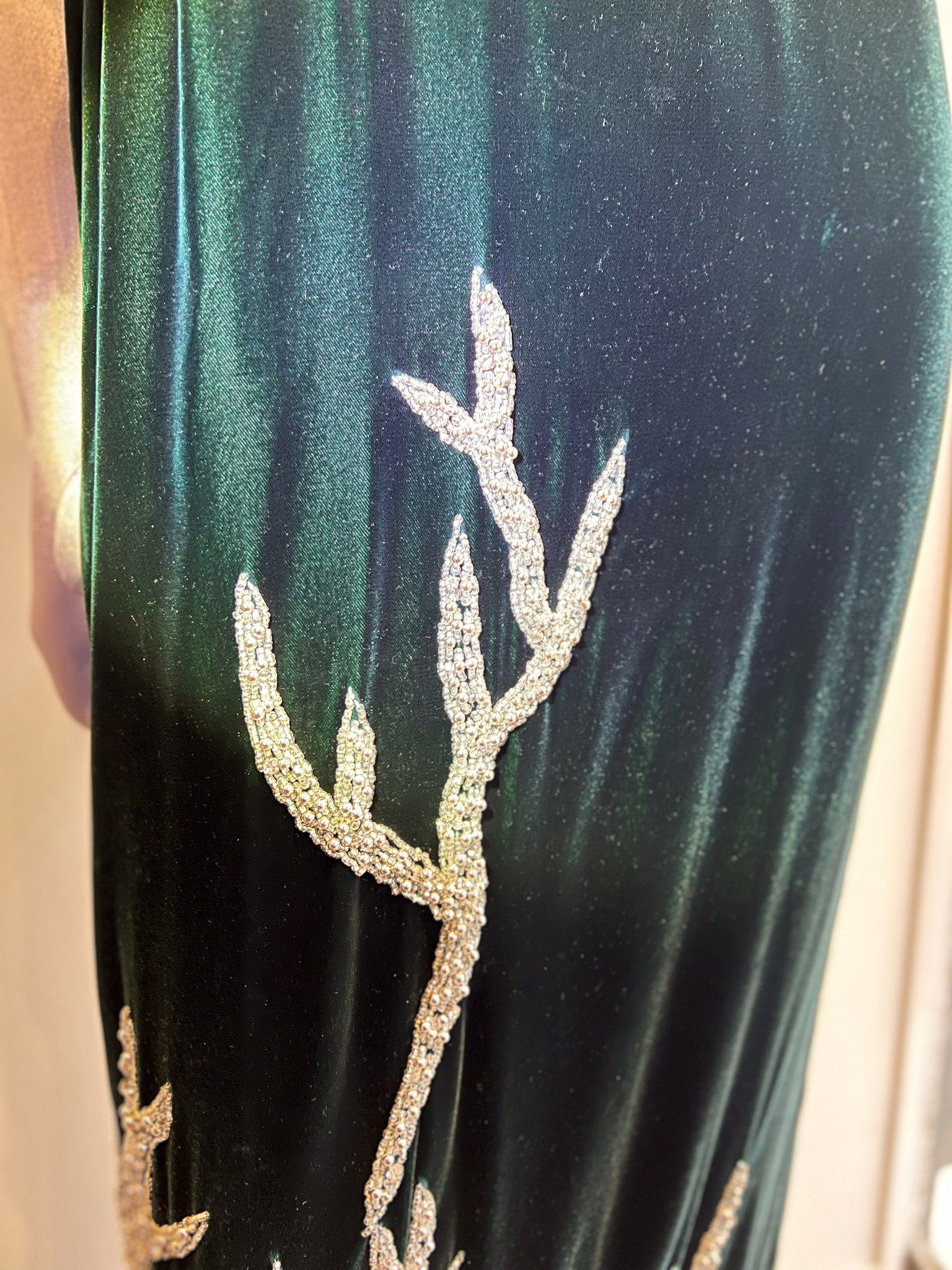 1980’s Forest Green Silk Velvet and Silver Beads Gown attributed to Bob Mackie Gown Size 8