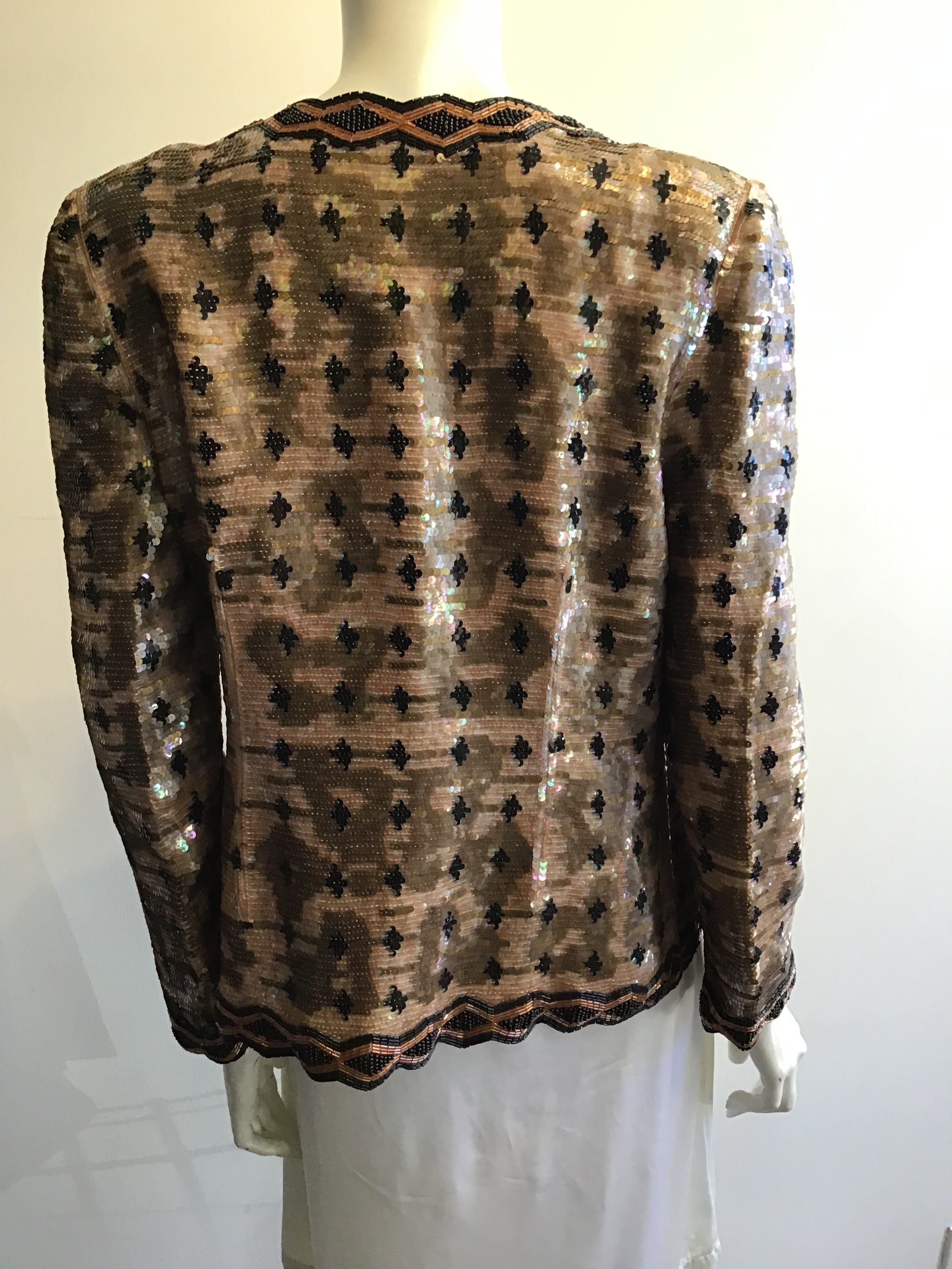 1980’s Sequined And Beaded Evening Jacket in Copper, Peach and Black Size 8