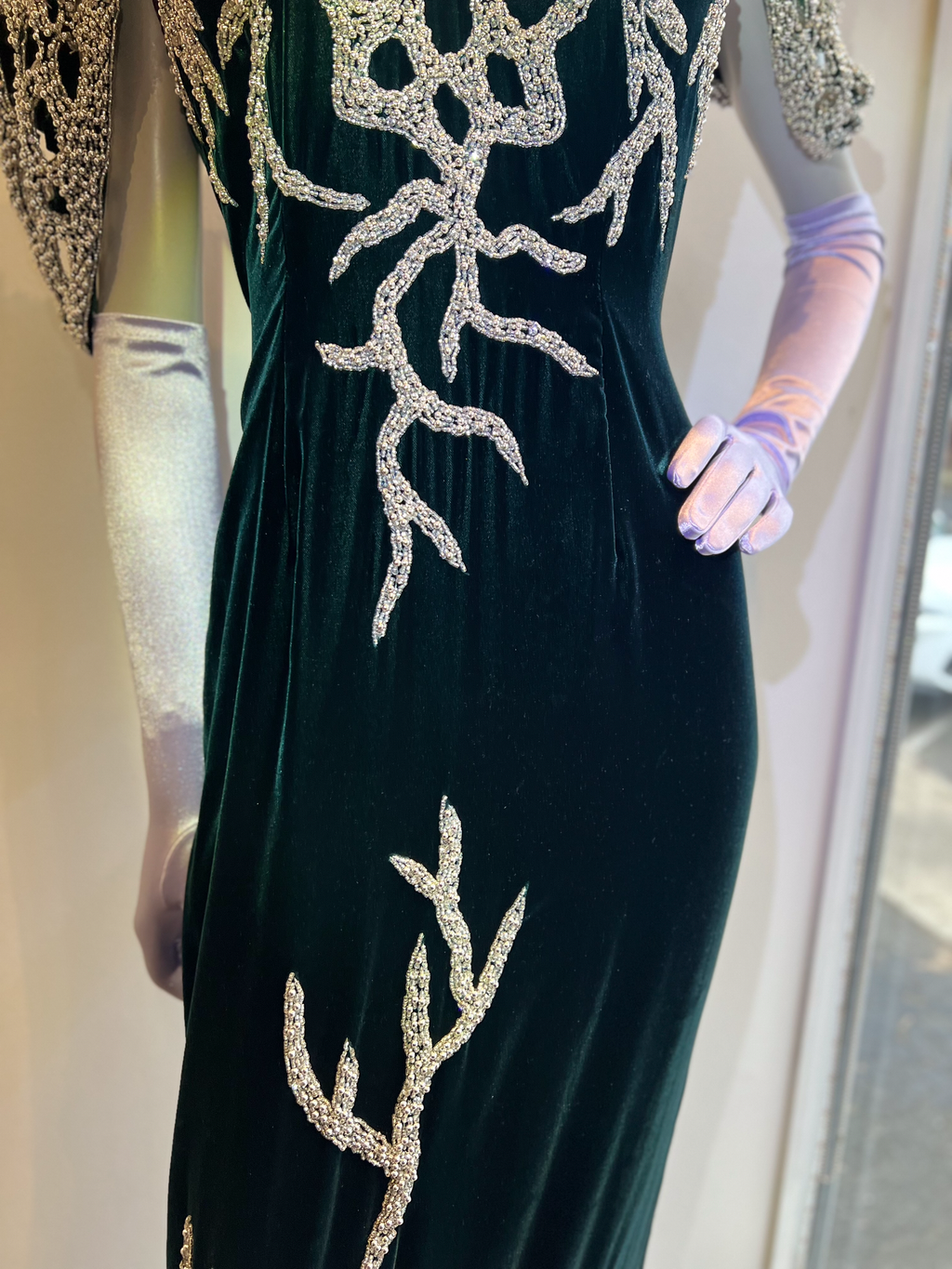 1980’s Forest Green Silk Velvet and Silver Beads Gown attributed to Bob Mackie Gown Size 8