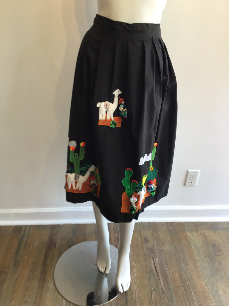 1950’s Cotton Black Skirt with South American Vignette Appliquéd Size up to 8