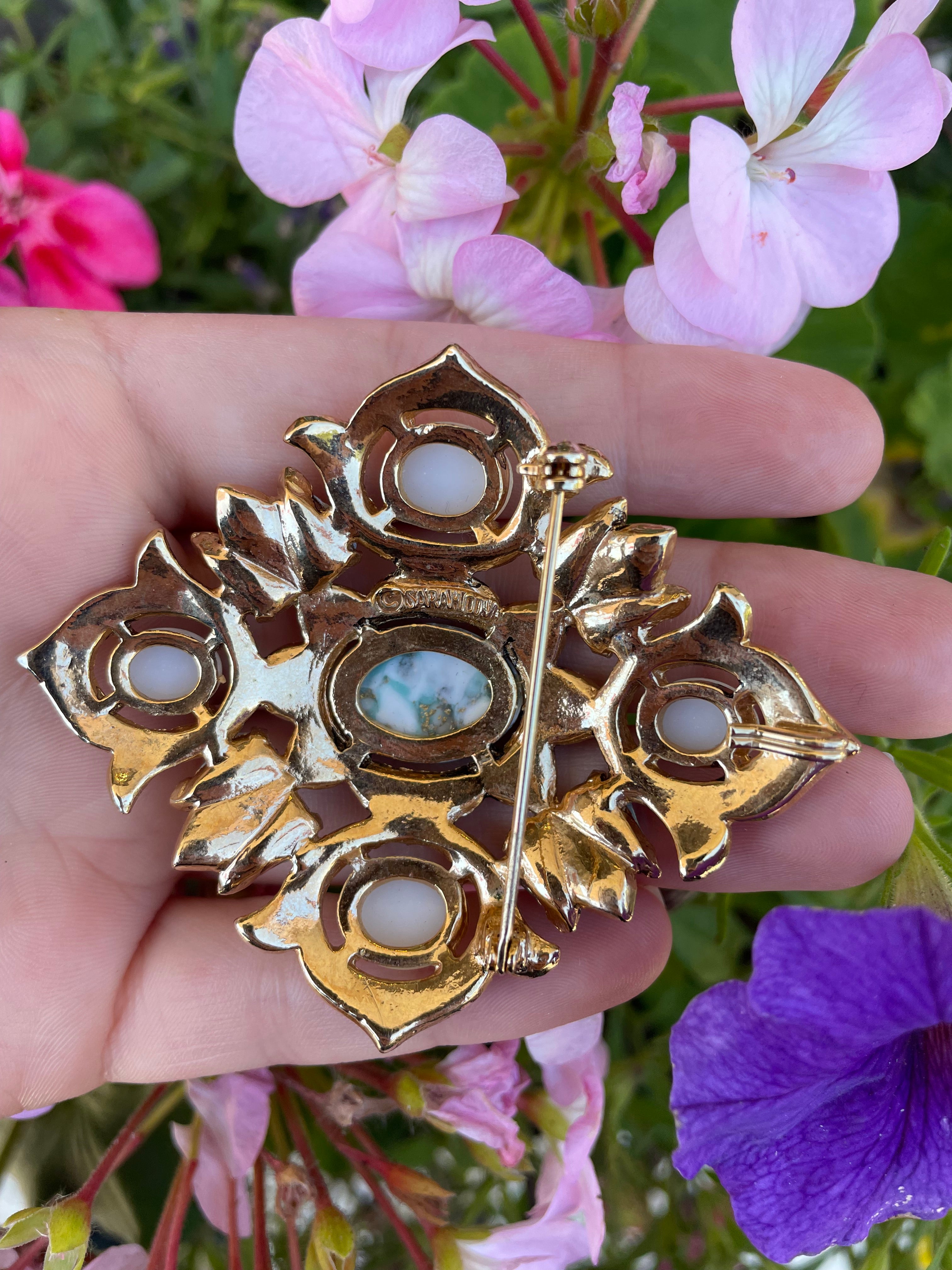 Gold,Pearl, and Faux Turquoise Pin / Brooch