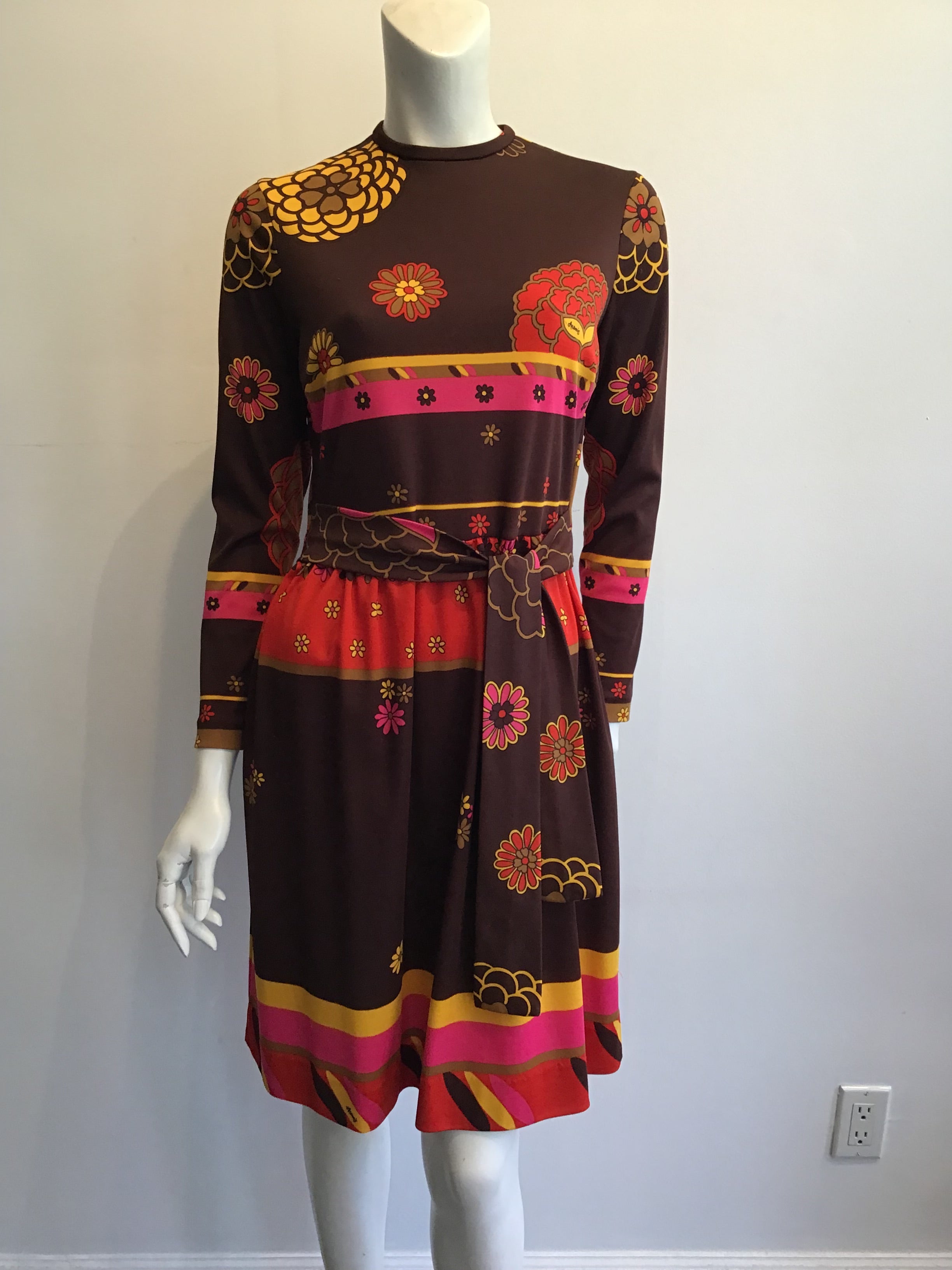1970s Artemis Polyester Blend Brown Multicolor Dress Size 10