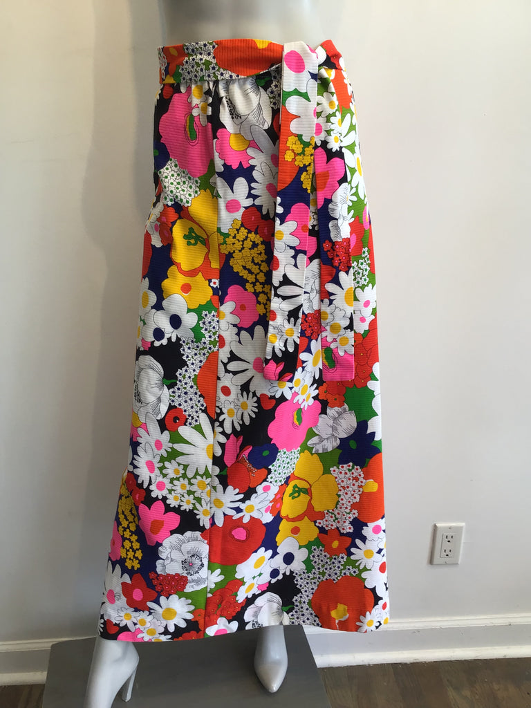 1970s Multicolor Floral Cotton Maxi Skirt Size 12