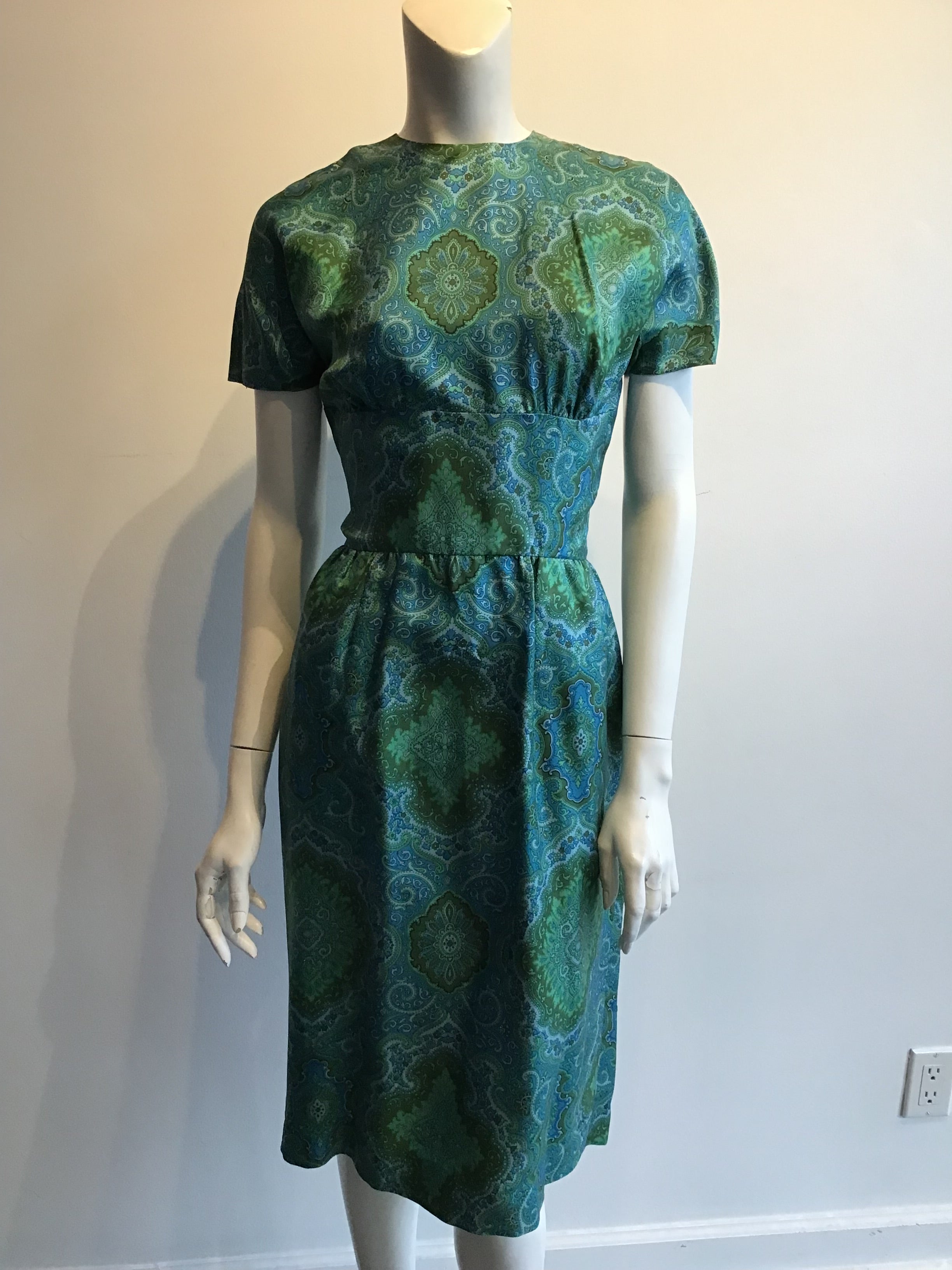1950s Blue and Green Silk Day Dress Size 8