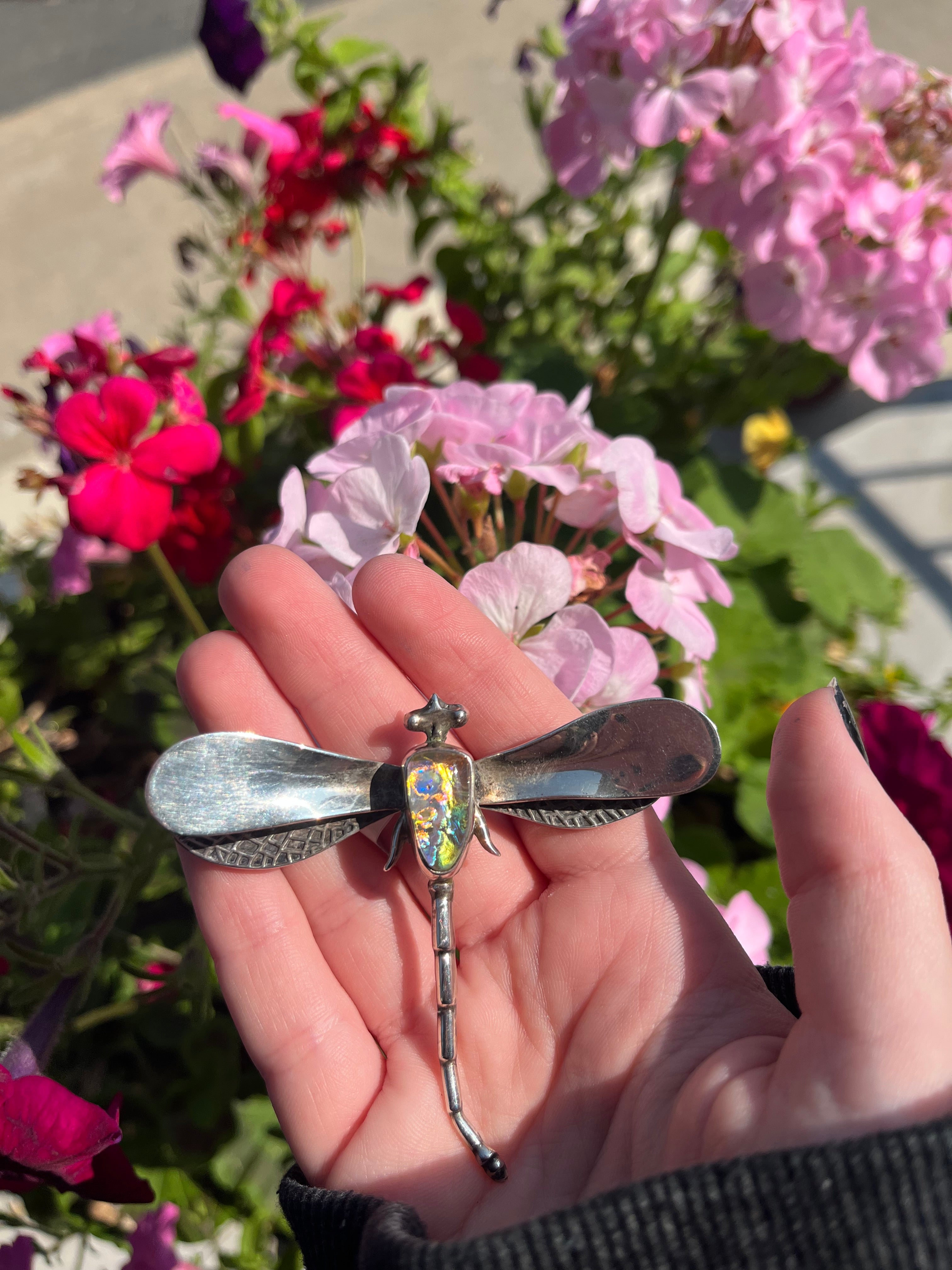 Vintage 1970s Dragonfly Sterling Pin / Brooch with faux opal stone