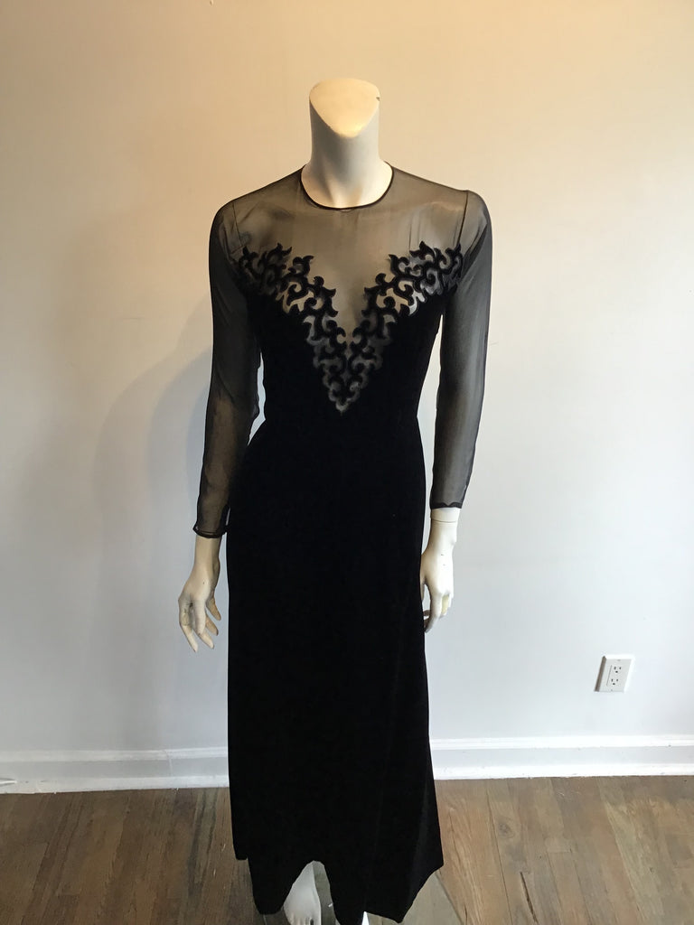1990s Oscar de La Renta Silk Velvet and Chiffon Evening Gown Size 6