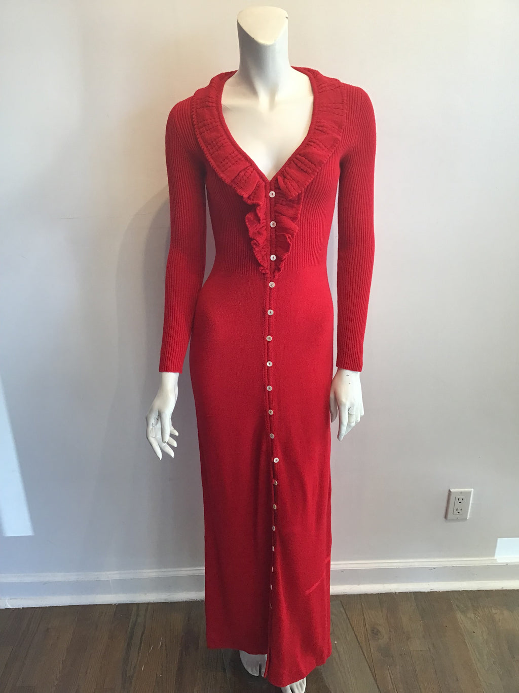 1970's Red Acrylic Knitted long  Maxi Dress Size 8