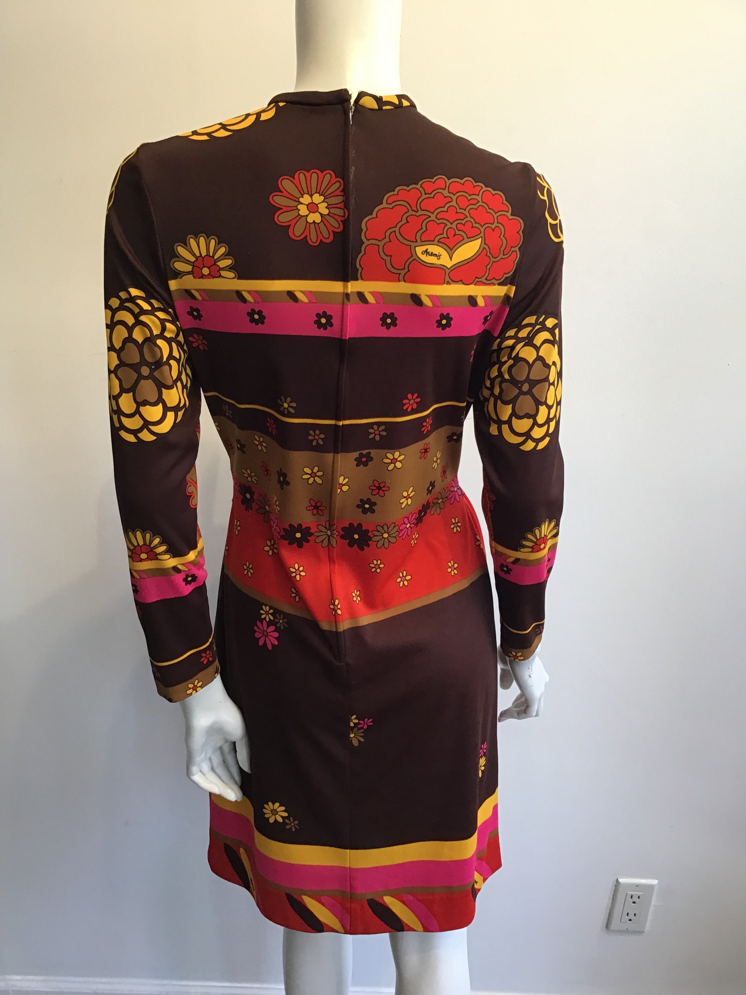 1970s Artemis Polyester Blend Brown Multicolor Dress Size 10