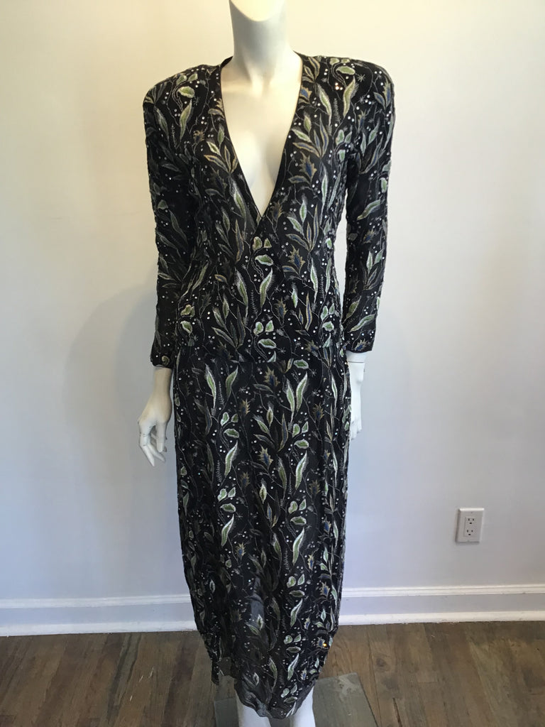 1980s 2 Piece Giorgio Armani Black,Gold and Greenembroidered  Chiffon Evening Ensemble Size 8
