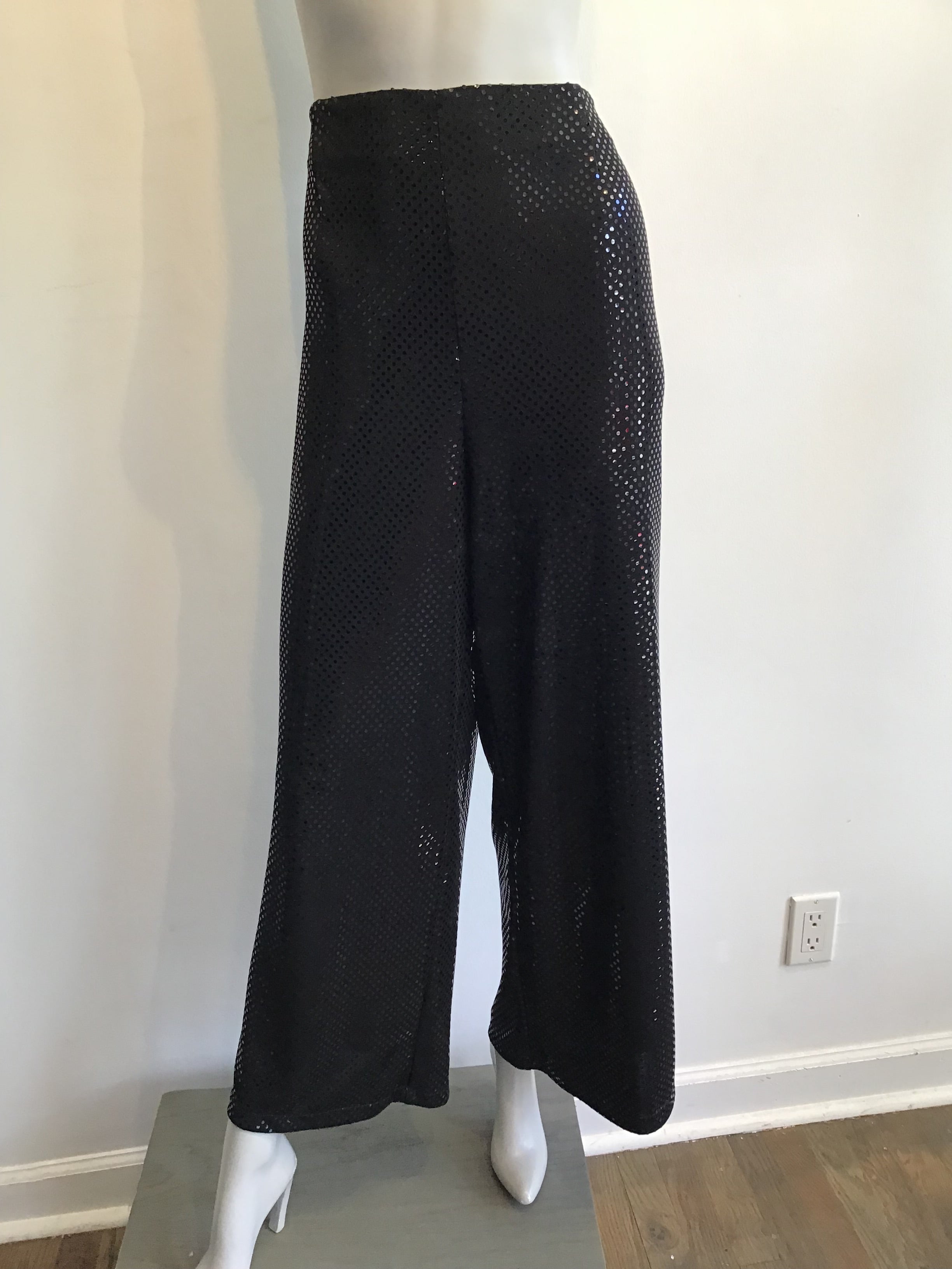 1990s Black Sequined Palazzo Pants by Deanna Cushing Palm Beach Size 14