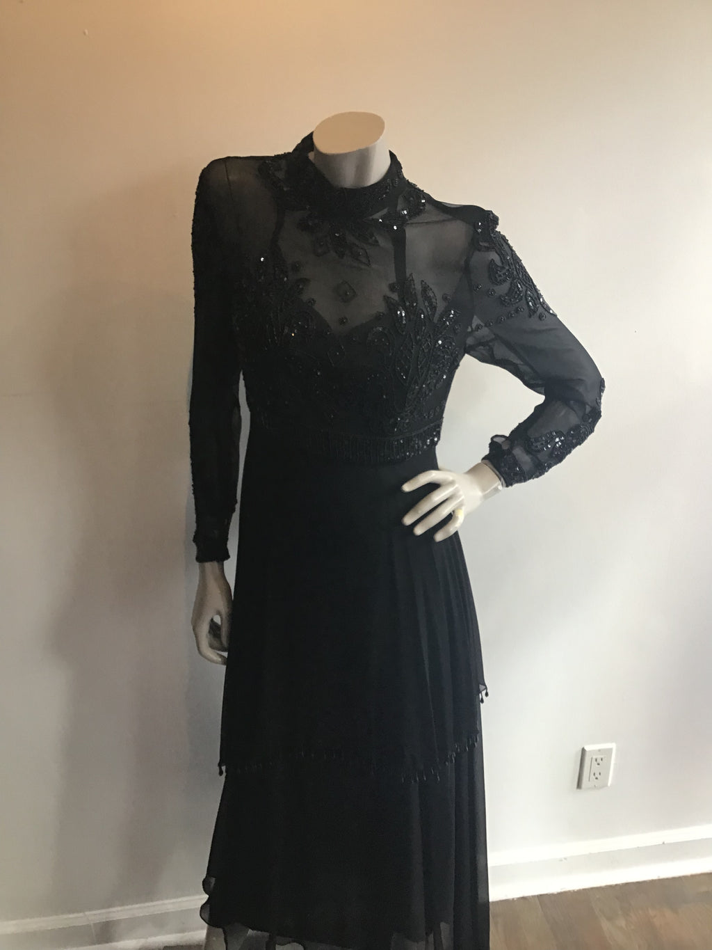 1970's Black Beaded and Sequninned Chiffon Tiered Evening Dress
