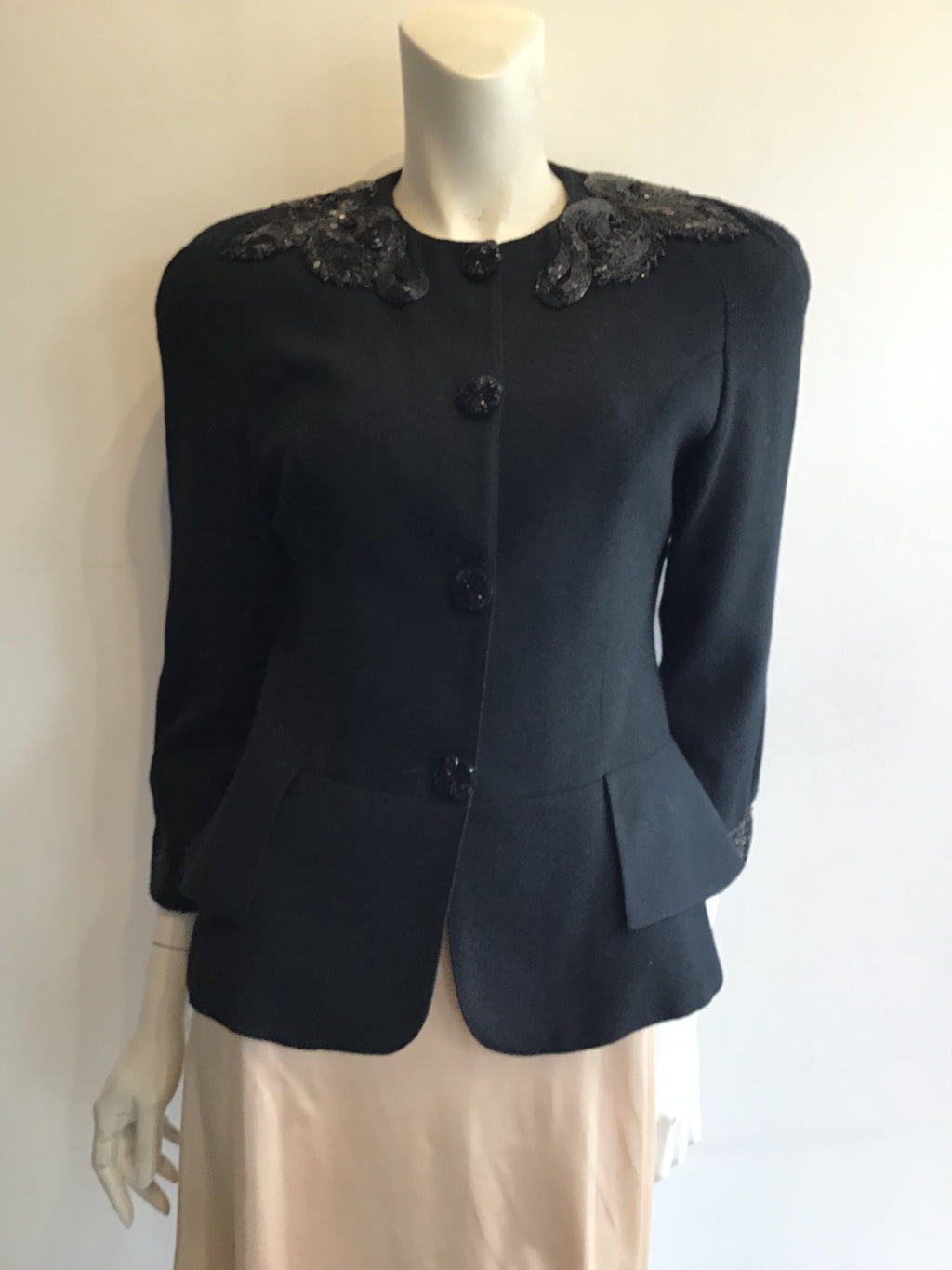 1980’s Black Wool Jacket with Beading Size 8