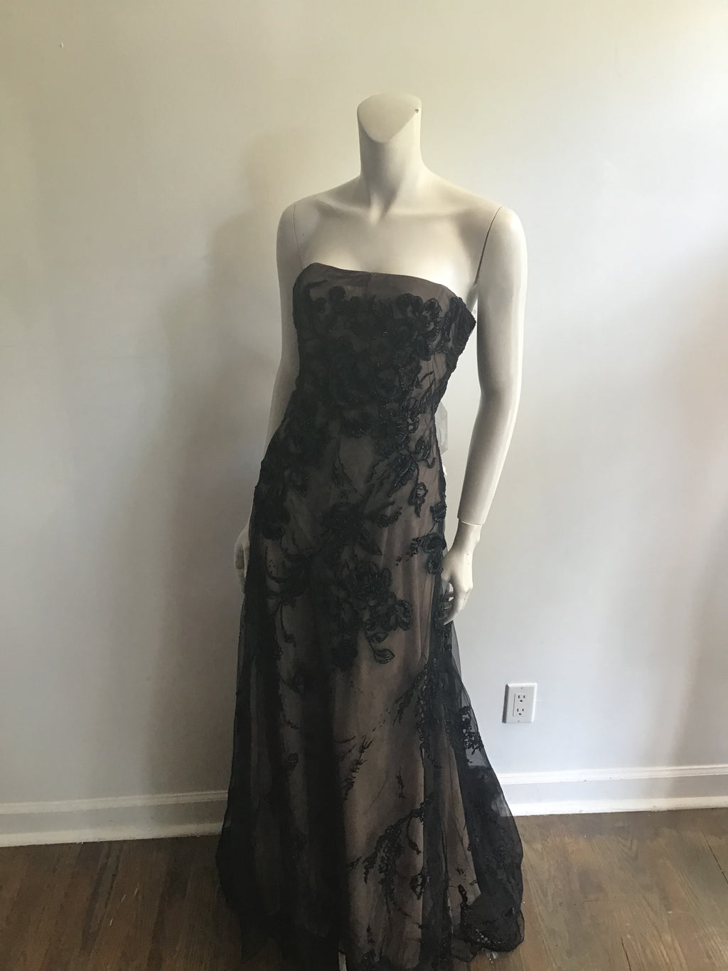 1990s Bagley Mischka Black/beige  Beaded Evening Gown with Train-10/12
