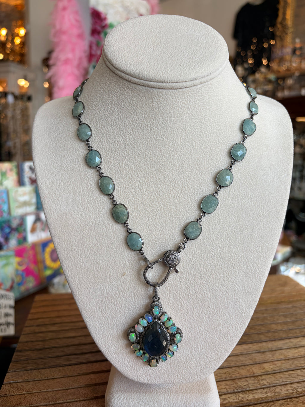 Large Labradorite with Fire Opals & Diamonds, Sterling Silver Pendant Necklace