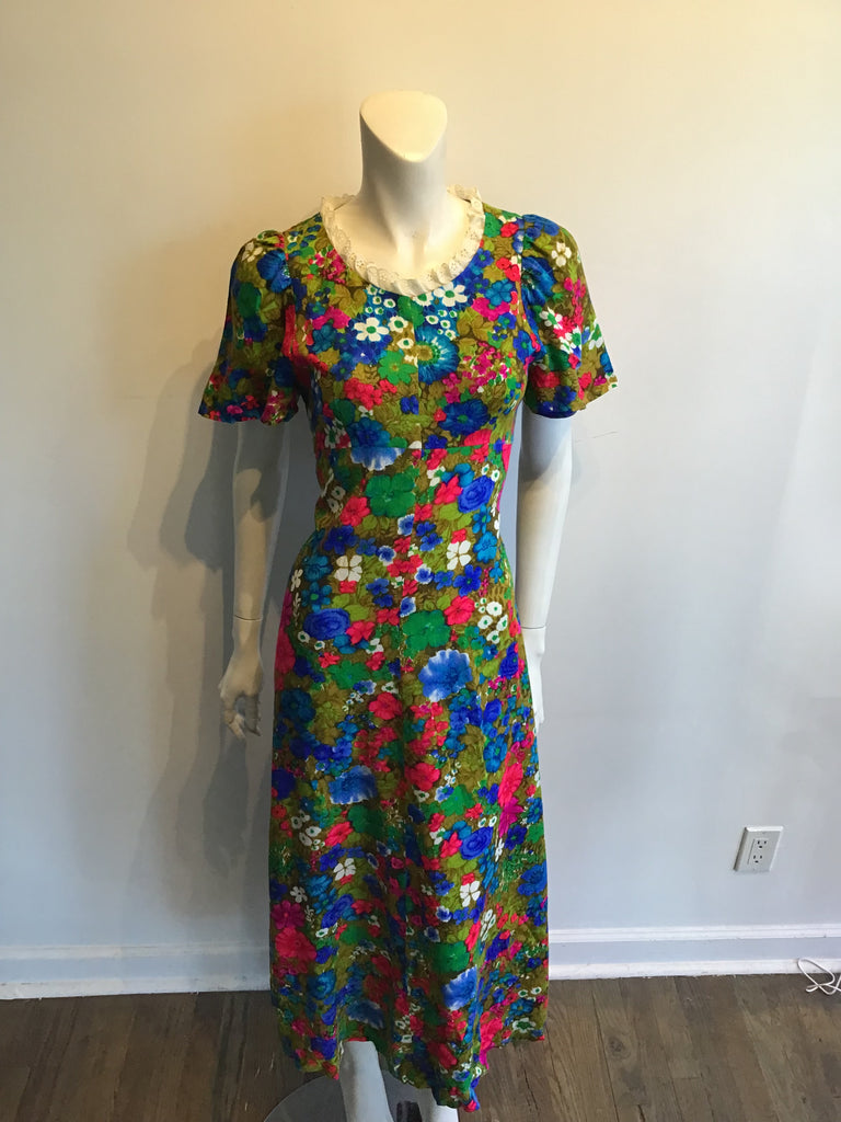 1970’s Green Floral Cotton/Polyester Lace Trim Maxi Dress Size 8/9
