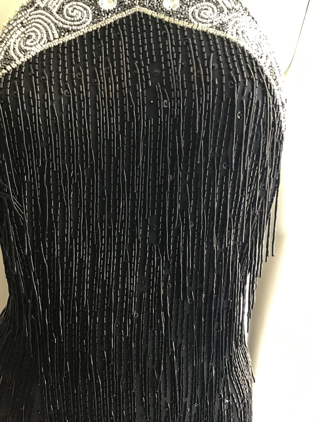 1980's Black Beaded Fringe Evening Dress Size 8