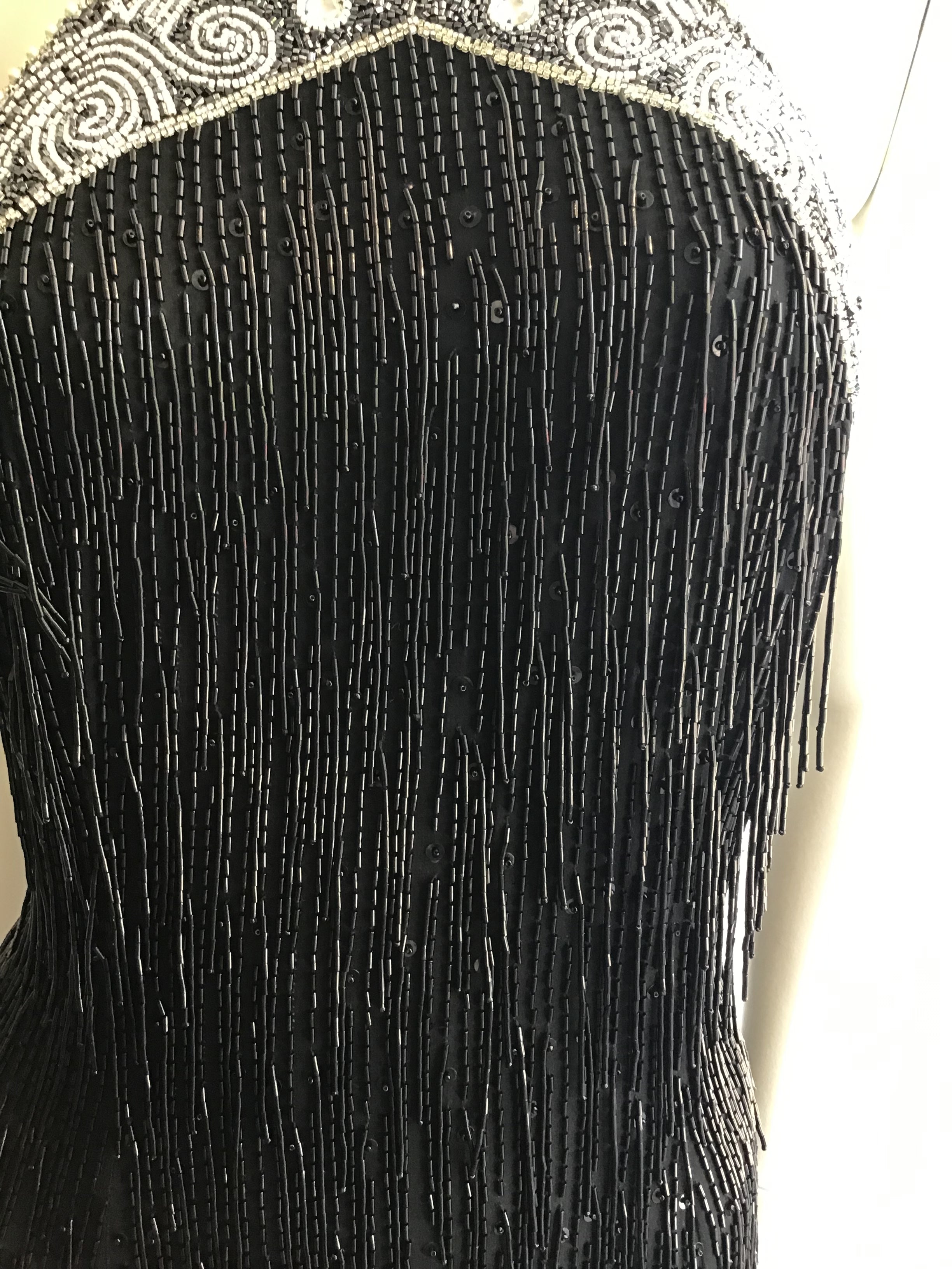 1980's Black Beaded Fringe Evening Dress Size 8