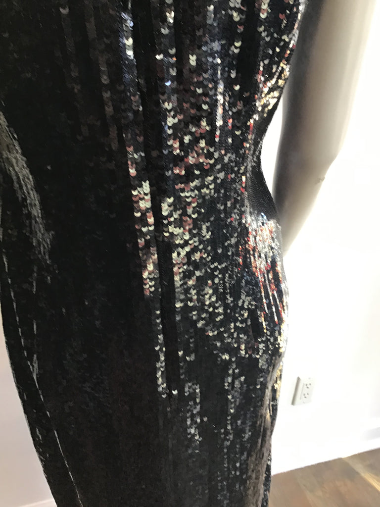 1990s Perry Ellis Black Sequined Silk Gown with Skyscraper motif Size 4-6