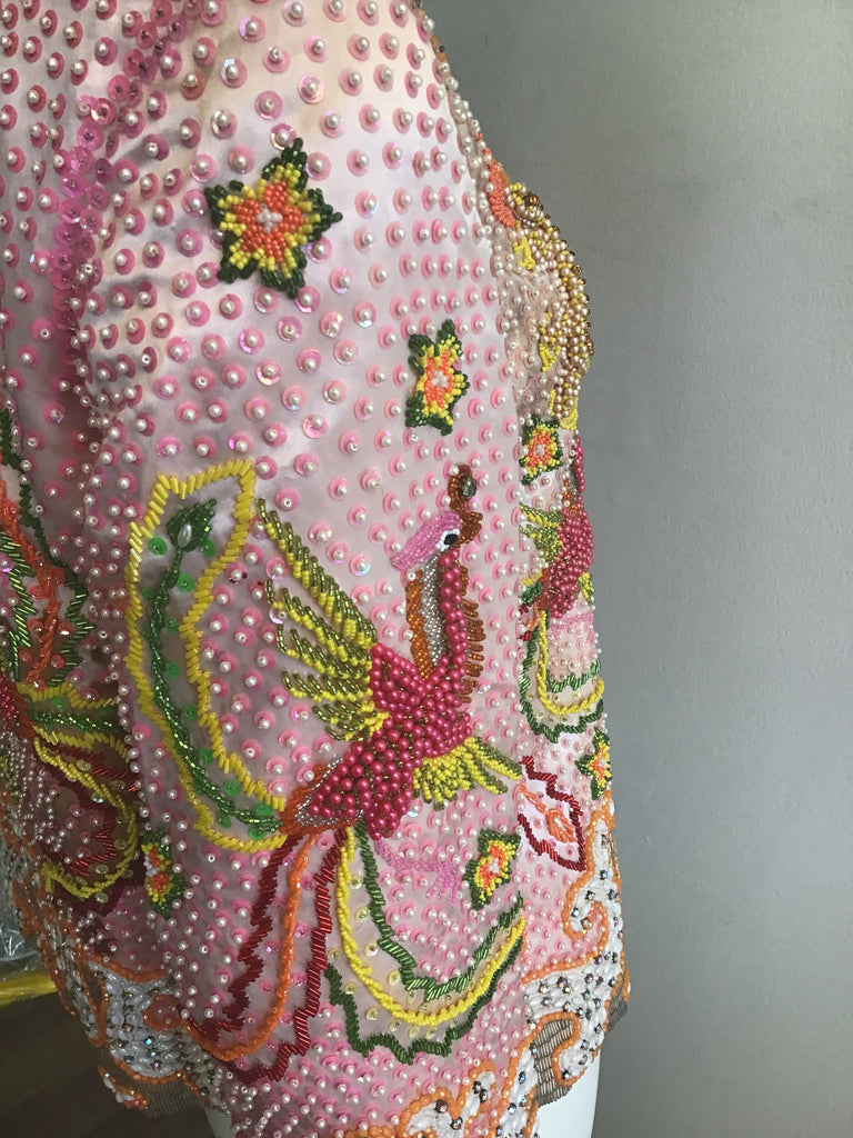 1960s Rare Chinese Pink Silk Handbeaded Jacket with Dragon and Phoenix -size 4/5