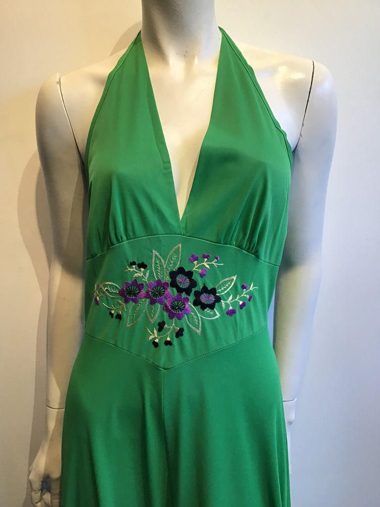 1970’s Green Polyester Dress with embroidery Size 4