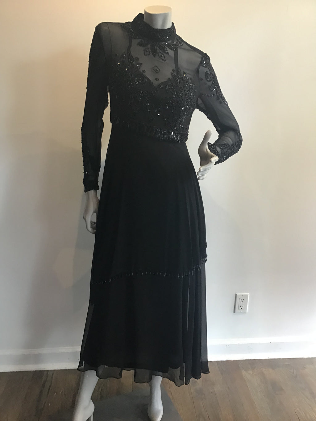 1970's Black Beaded and Sequninned Chiffon Tiered Evening Dress