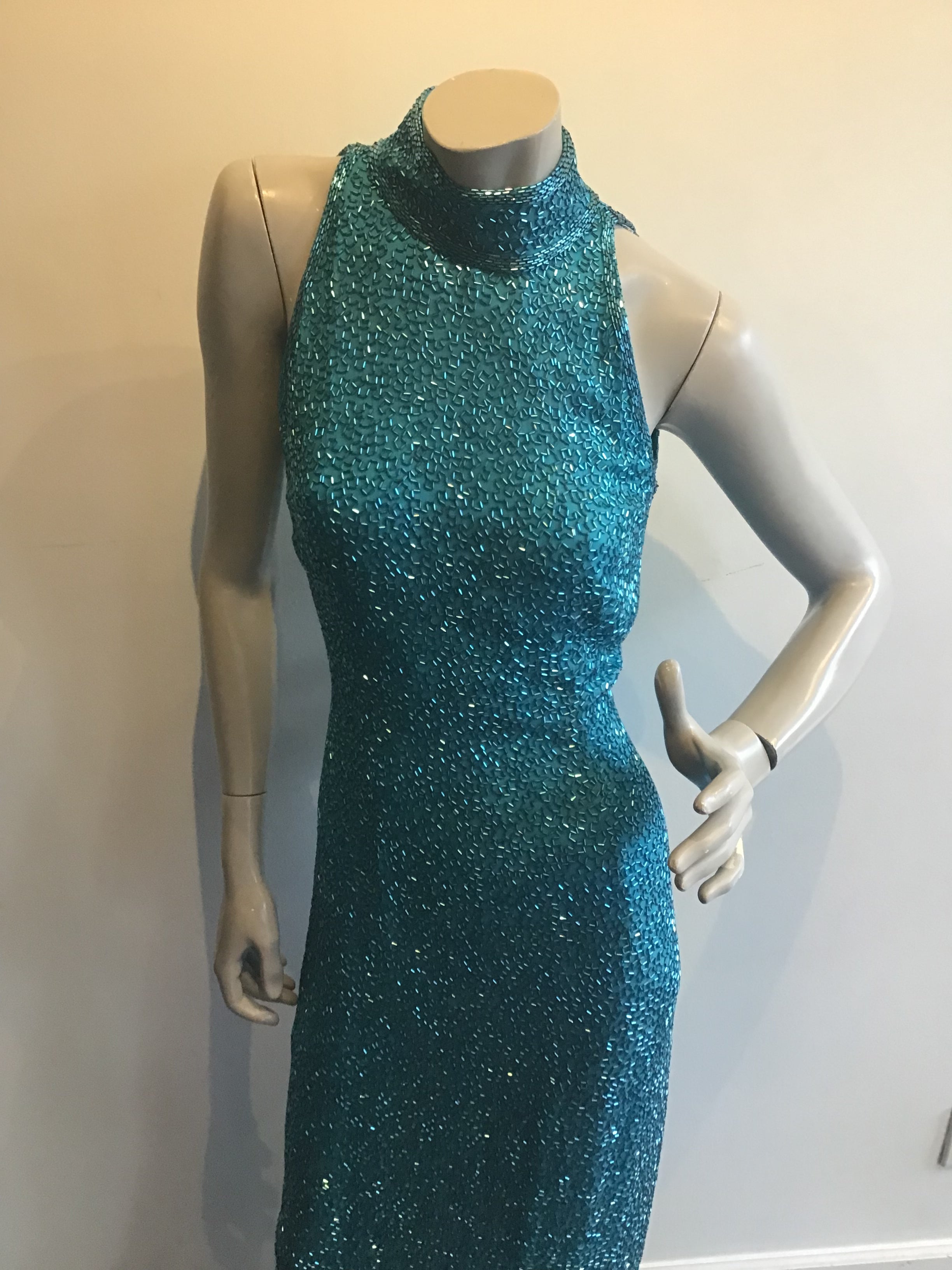 1980s Black Tie by Oleg Cassini Silk Turquoise Entirely Beaded Dress size 10