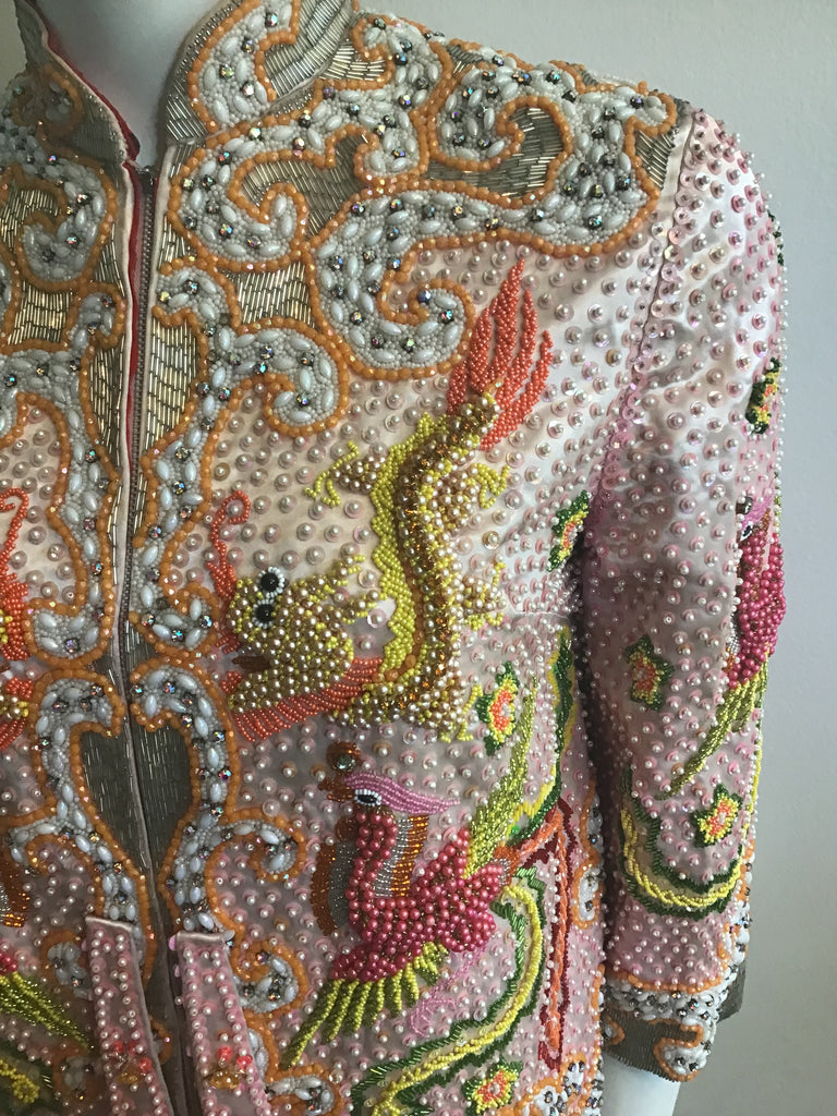 1960s Rare Chinese Pink Silk Handbeaded Jacket with Dragon and Phoenix -size 4/5