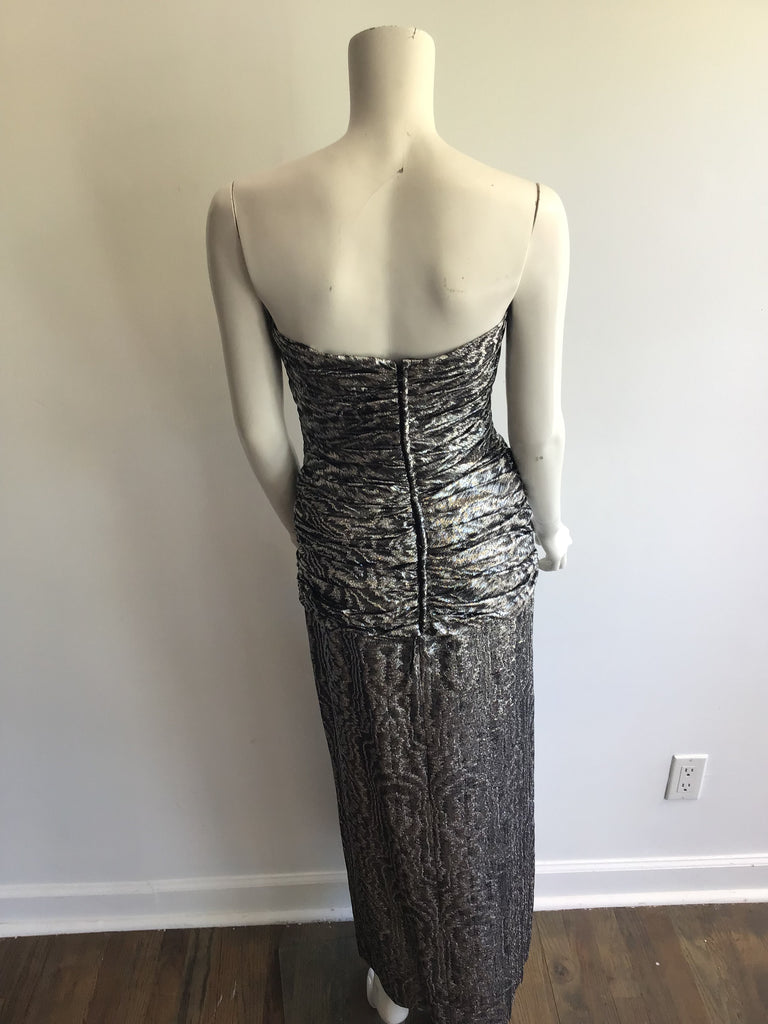 1980's Vicky Tiel Silver Lamé Strapless Evening Gown size 6