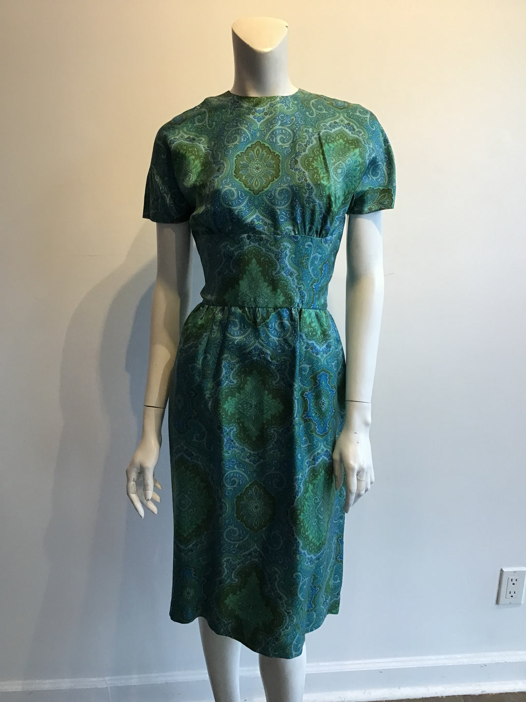 1950s Blue and Green Silk Day Dress Size 8