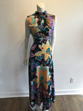 1970’s Black Floral Mock Turtleneck Polyester Maxi Dress Size 8/9