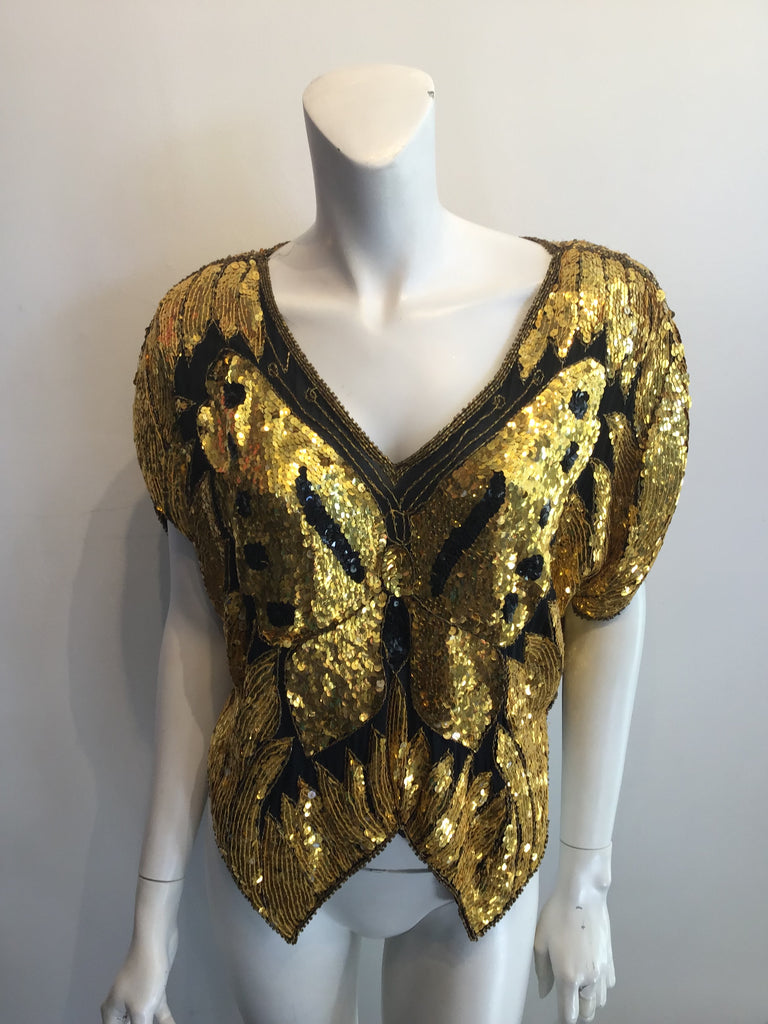 black and Gold silk entirely sequinned 1980s vintage top