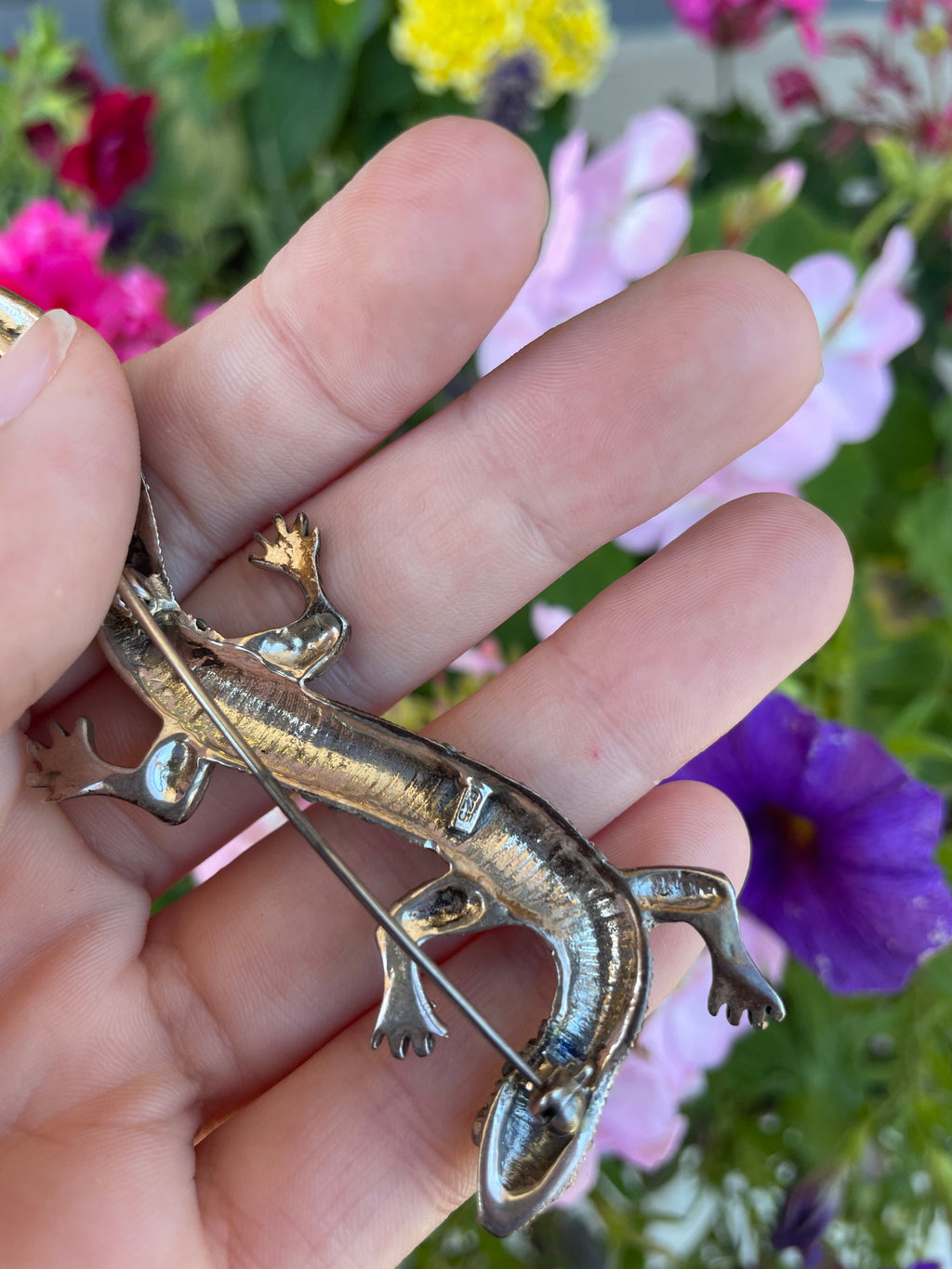 Vintage Sterling and Marcasite with  Green Rhinestones  Salamander Pin / Brooch