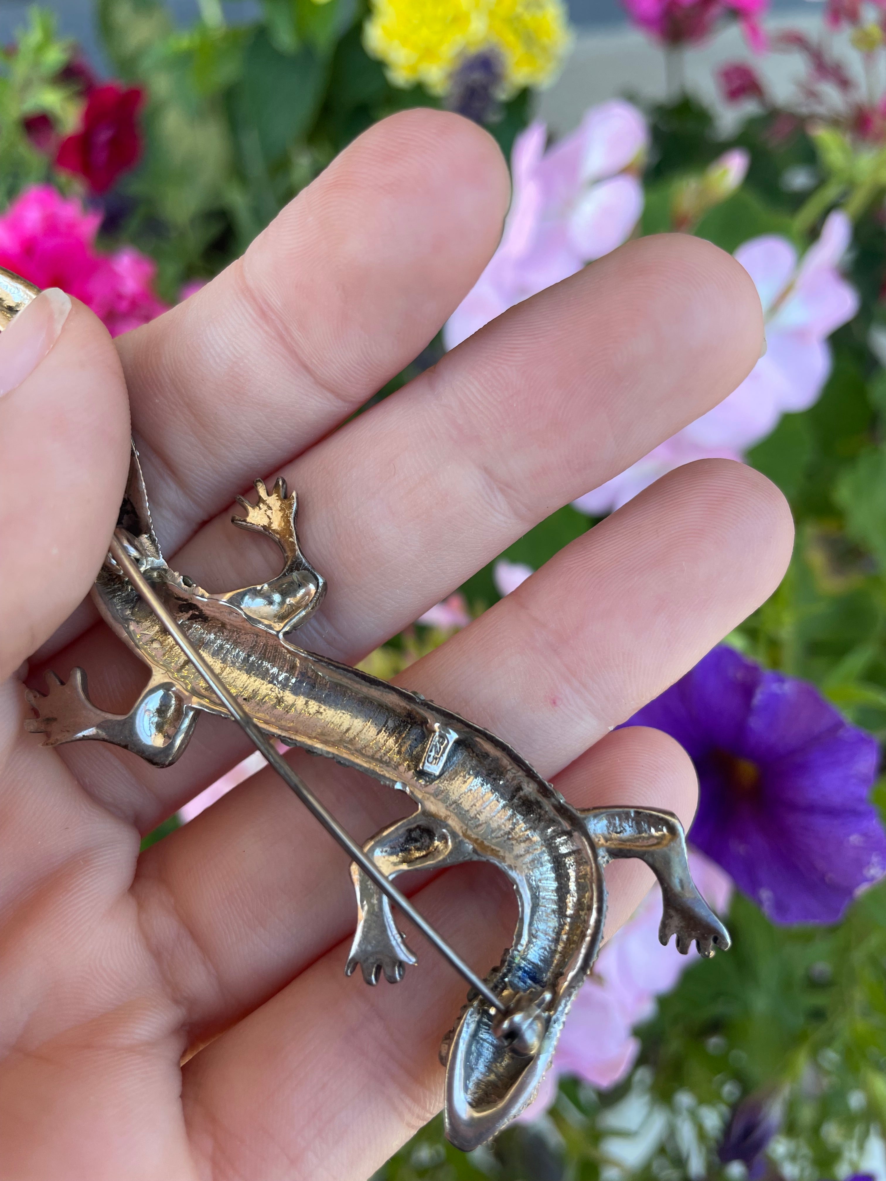 Vintage Sterling and Marcasite with  Green Rhinestones  Salamander Pin / Brooch