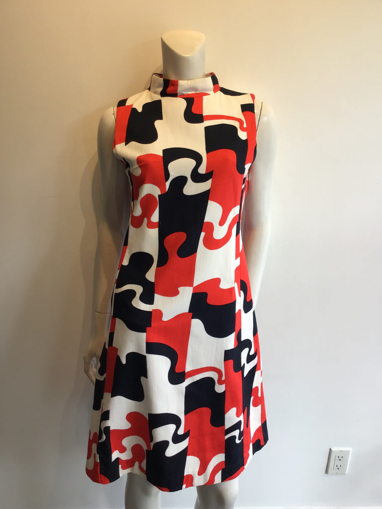 1960’s Cotton Orange,Black,White Janet Lynn Shift Dress Size 8
