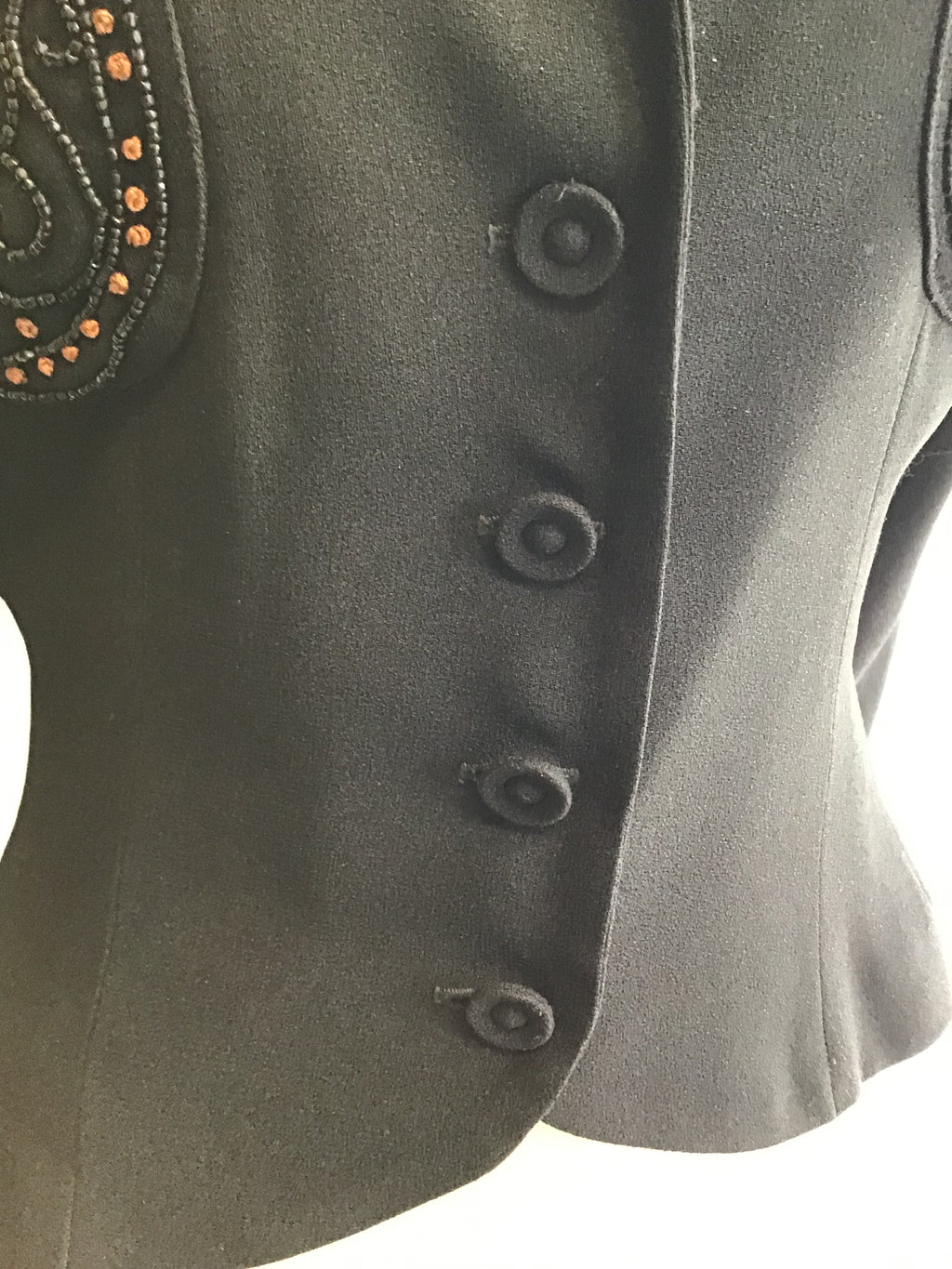 1980’s Black Rayon Beaded Pockets Zelda Jacket Size 6
