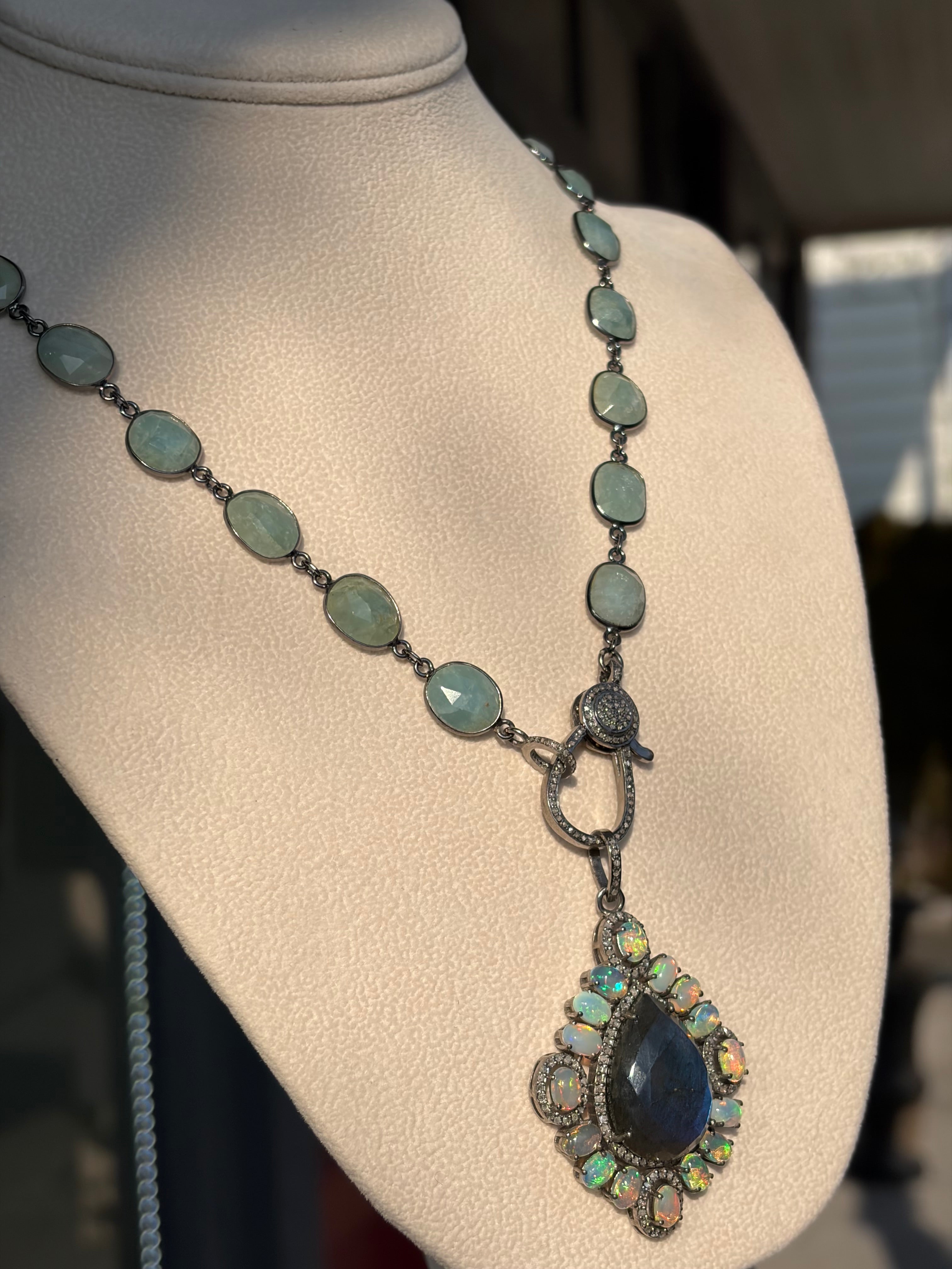 Large Labradorite with Fire Opals & Diamonds, Sterling Silver Pendant Necklace