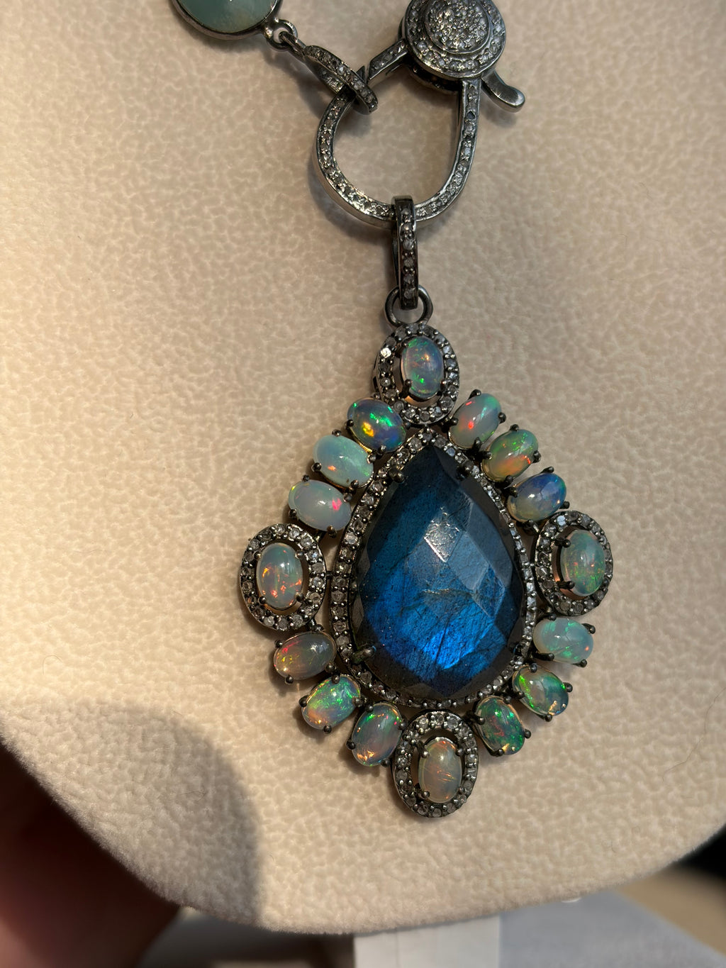 Large Labradorite with Fire Opals & Diamonds, Sterling Silver Pendant Necklace