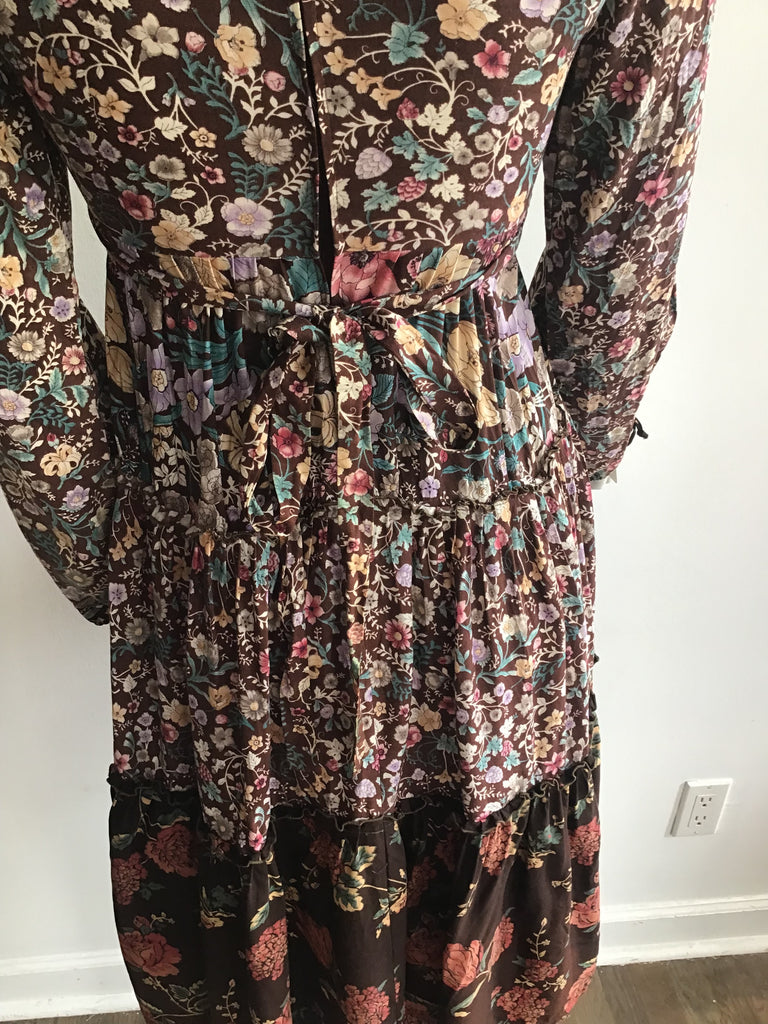 1970s Brown Floral Cotton Dress Size 4