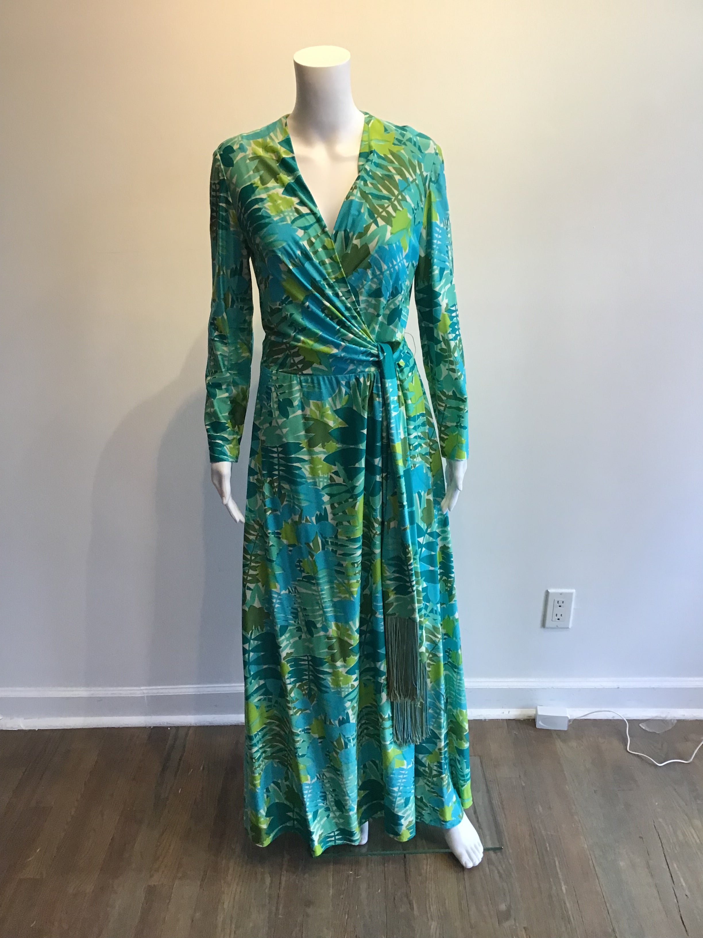 1970’s Rona Turquoise and Green Polyester Maxi Dress Size 8
