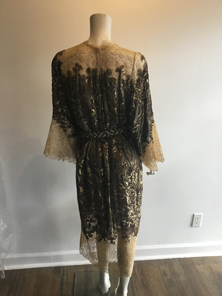 Oscar De La Renta Gold lace with Brown flocked velvet dress