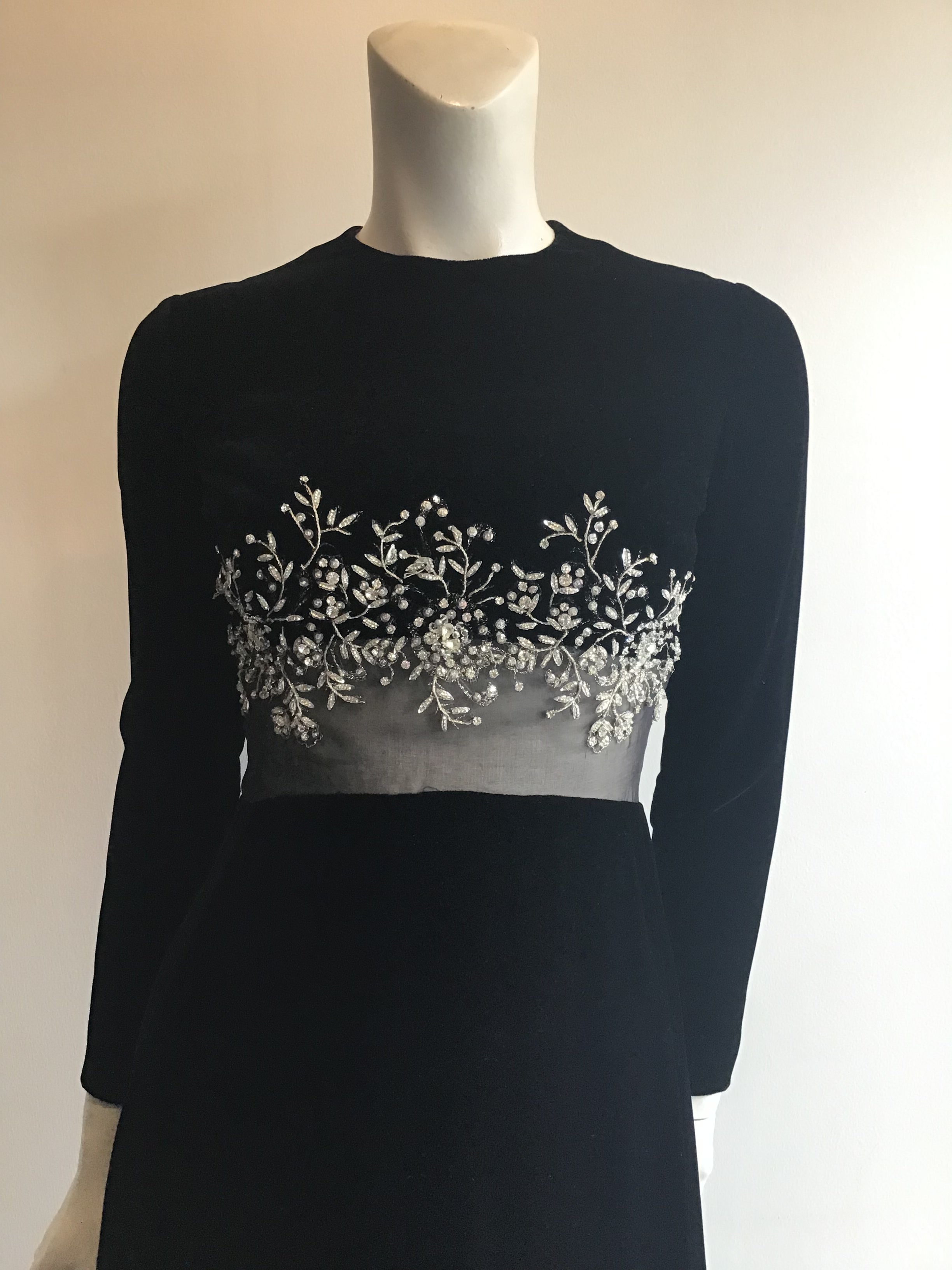 1960's Malcolm Starr Black Silk Velvet Evening Dress with rhinestone and Crystal detailing on bodice illusion waist Size 5/6