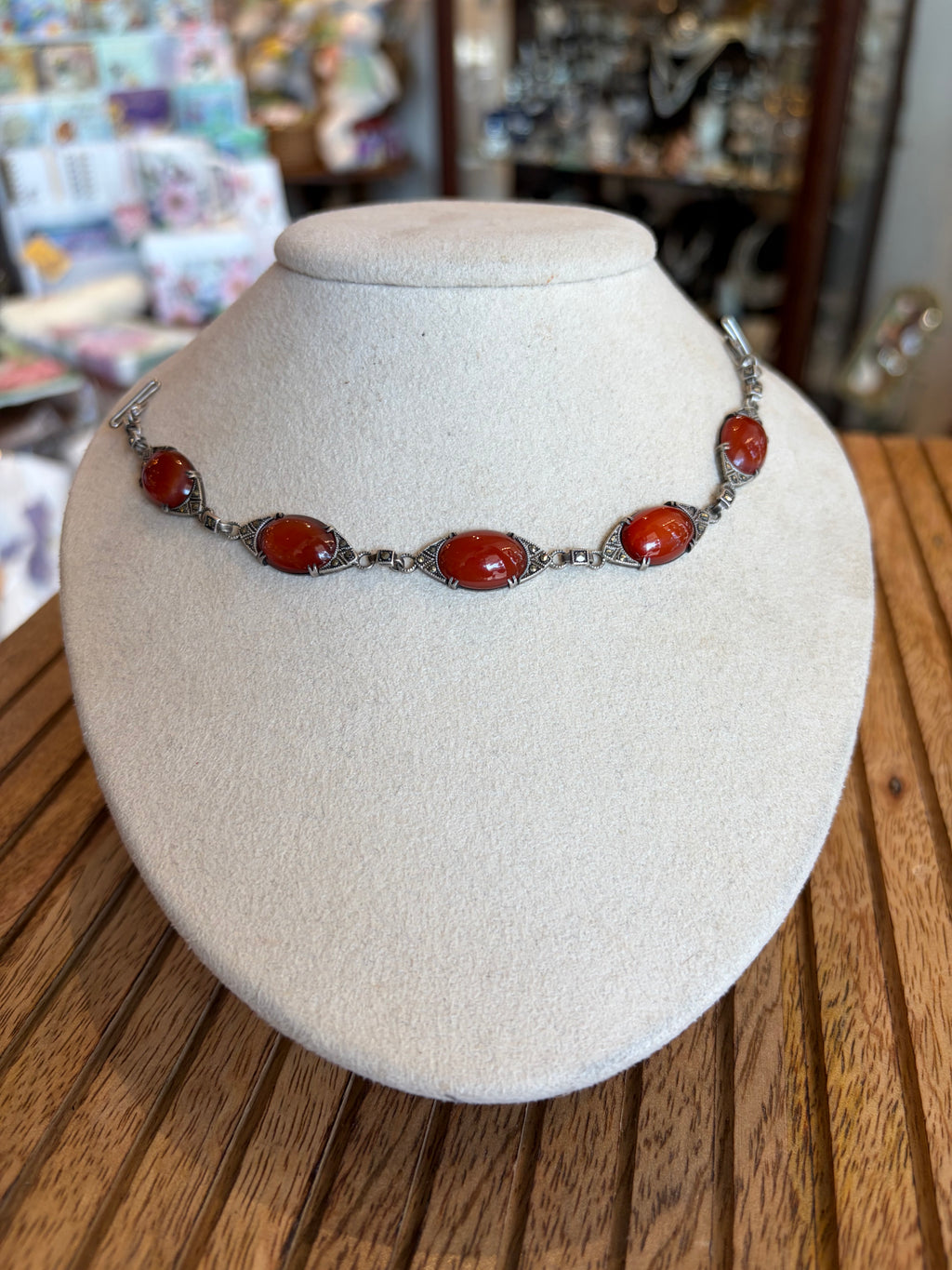 ART DECO STERLING AND CARNELIAN CABACHON BRACELET WTH MARCASITE