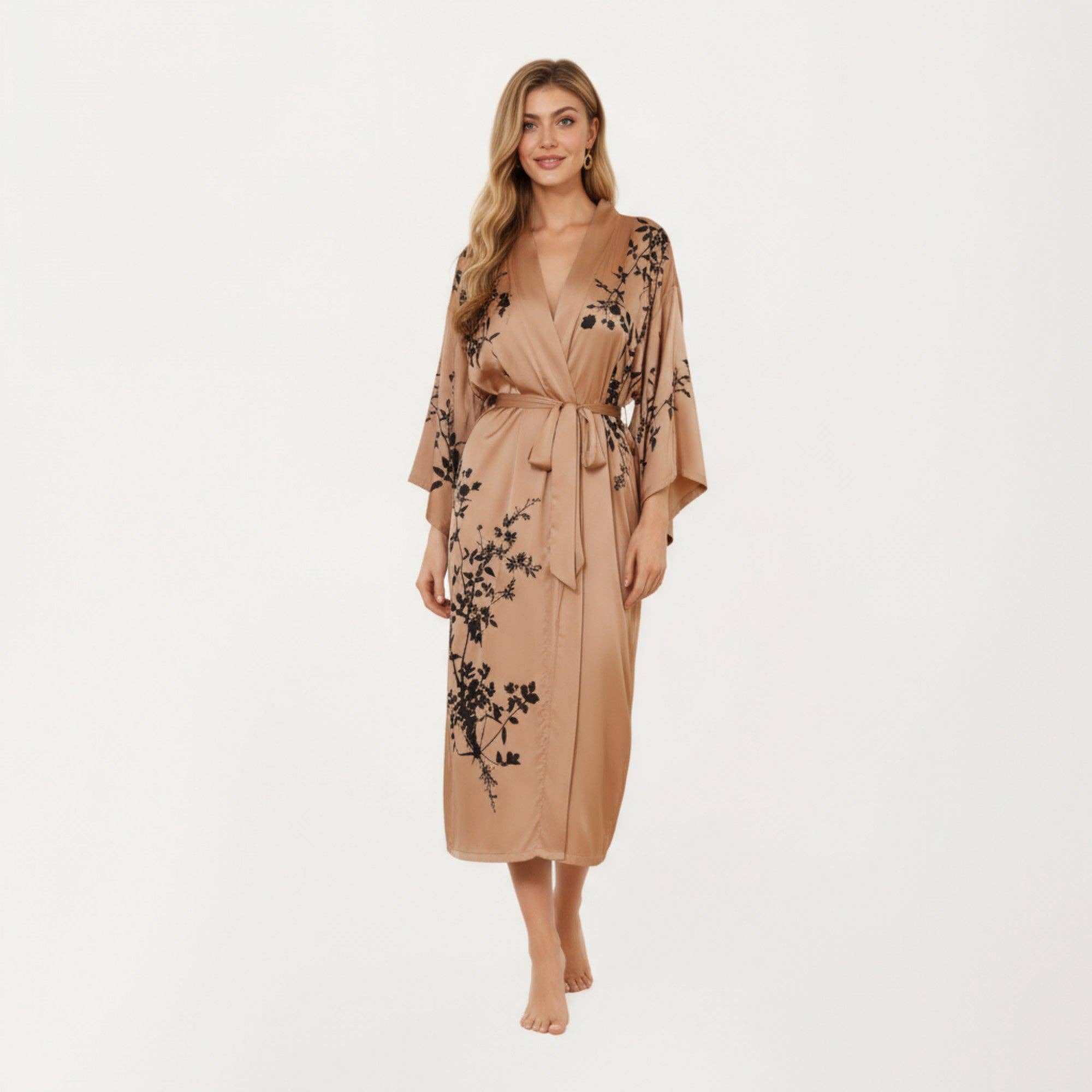 Long Satin Kimono Robe with Tie Waist and Artistic Floral Pr