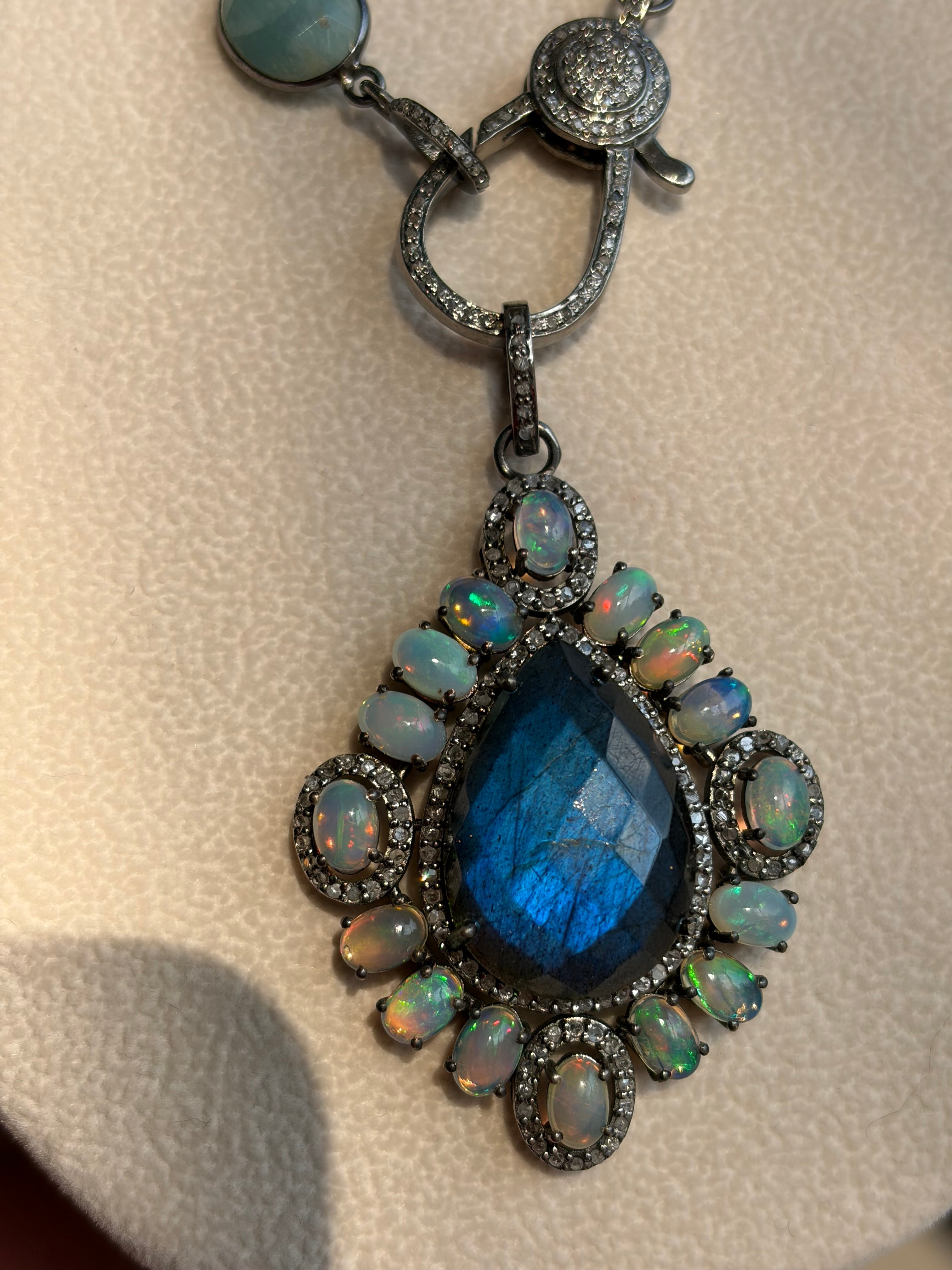 Large Labradorite with Fire Opals & Diamonds, Sterling Silver Pendant Necklace