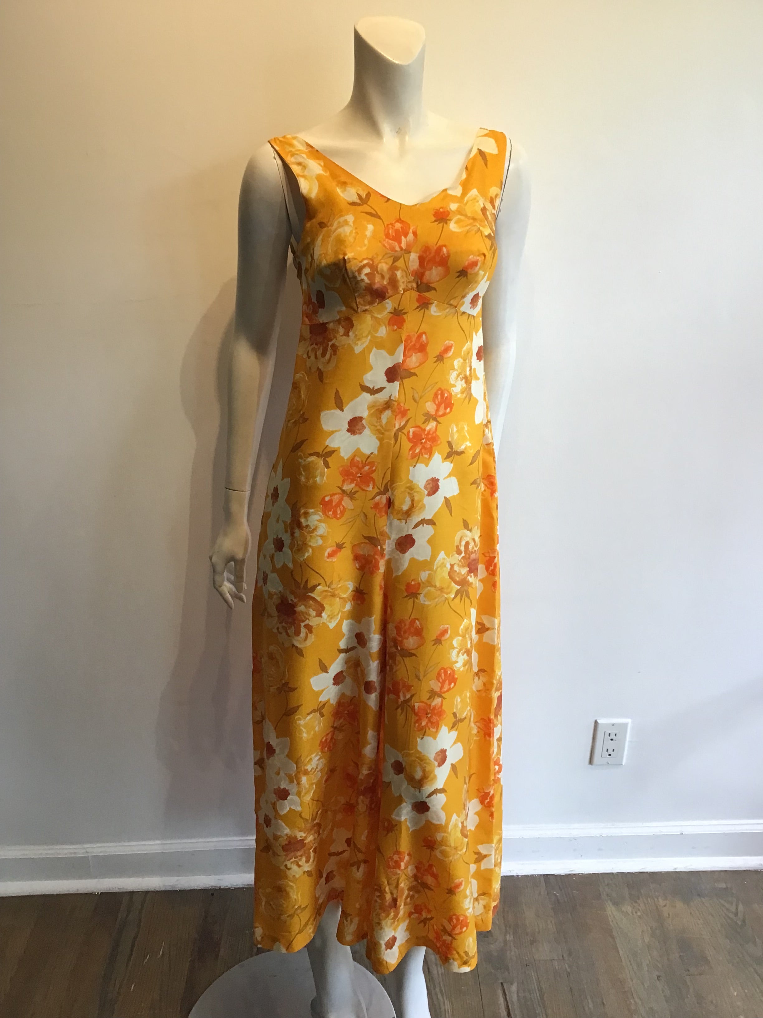 1960’s Deep Yellow  Floral Cotton Blend Janet Lynn Jumpsuit Size 8