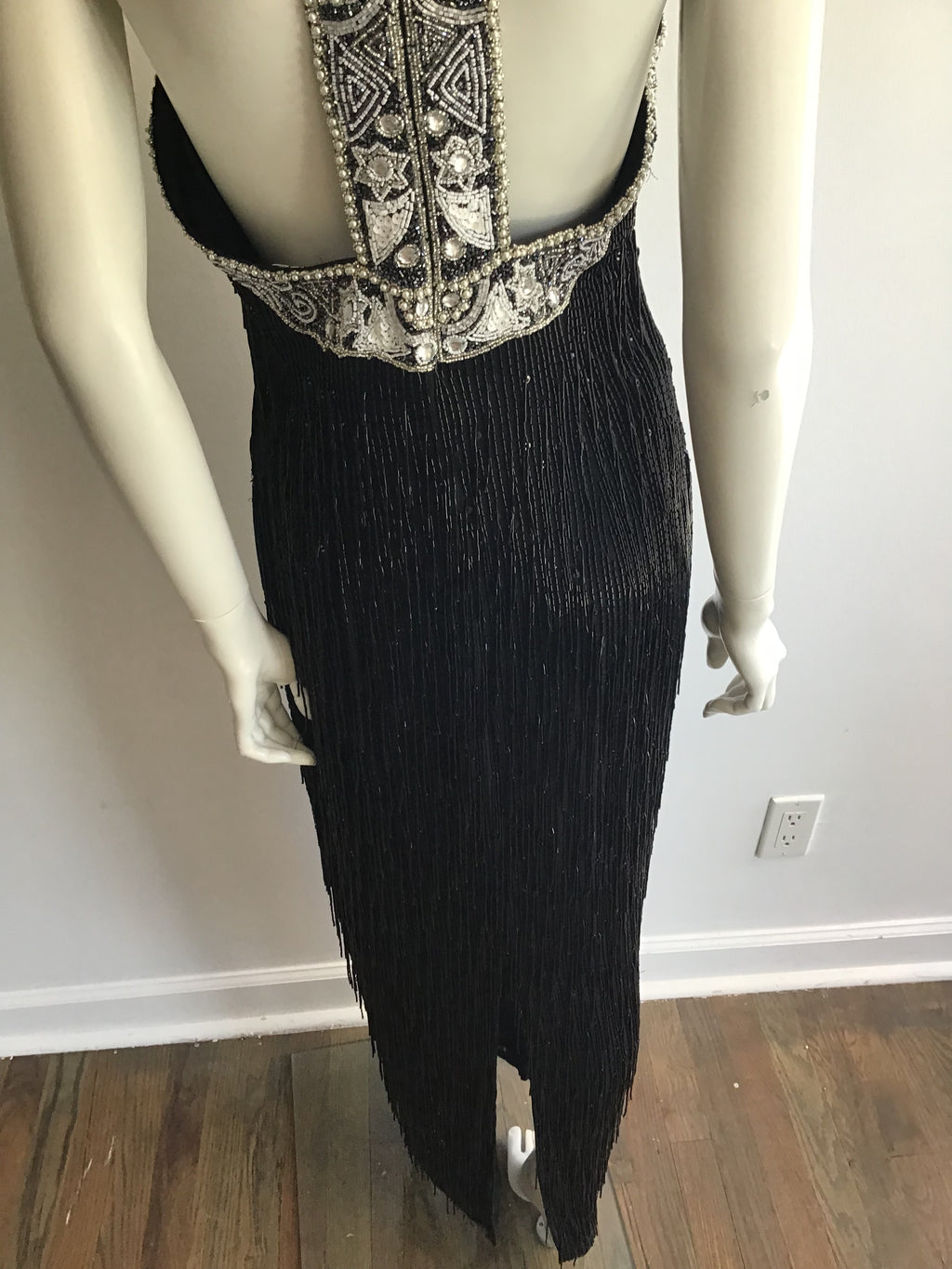 1980's Black Beaded Fringe Evening Dress Size 8