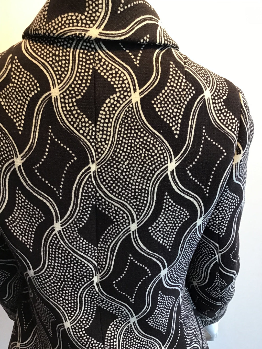 1960s Wool/Wool Crepe Brown Printed Dress with Jacket and Scarf Size 8